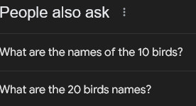 Google screenshot: 
"People also ask
What are the names of the 10 birds?
What are the 20 birds names?"