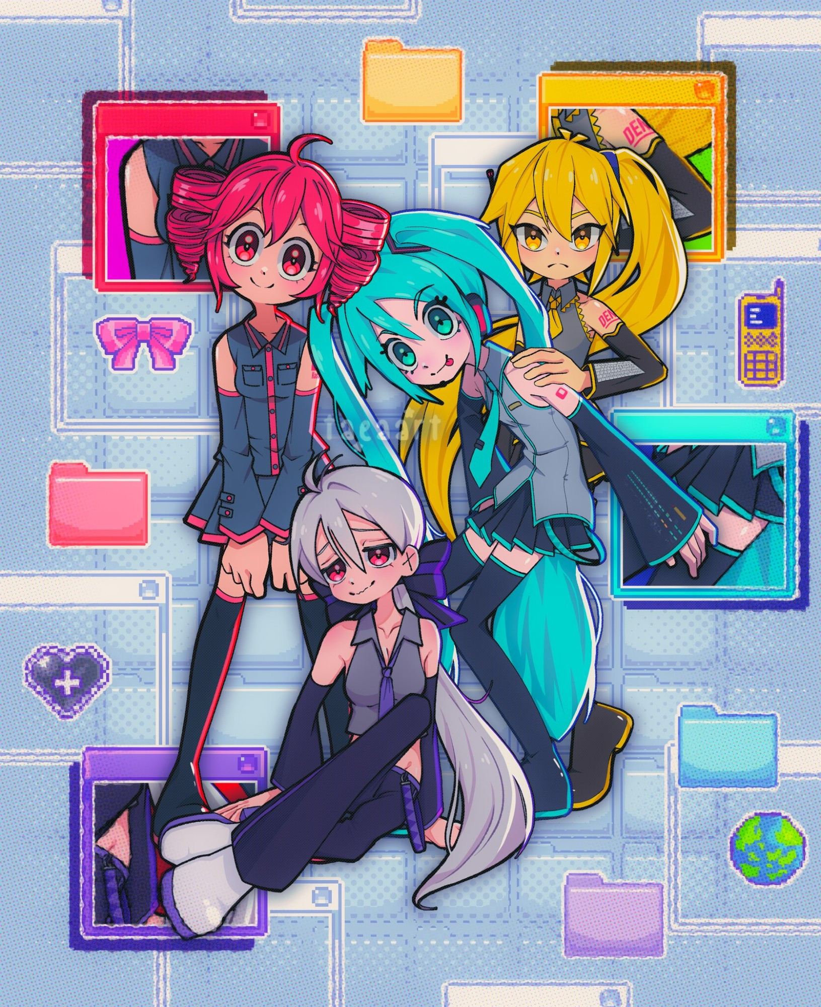 Hatsune Miku, Kasane Teto, Akita Neru, and Yowane Haku posed as a group in front of a desktop UI themed background. Pixel art of files a littered throughout the piece as well as a globe, bow, phone, and laced heart placed near each girl it represents. There are 4 tabs in the background that focus on each girl's charm point.