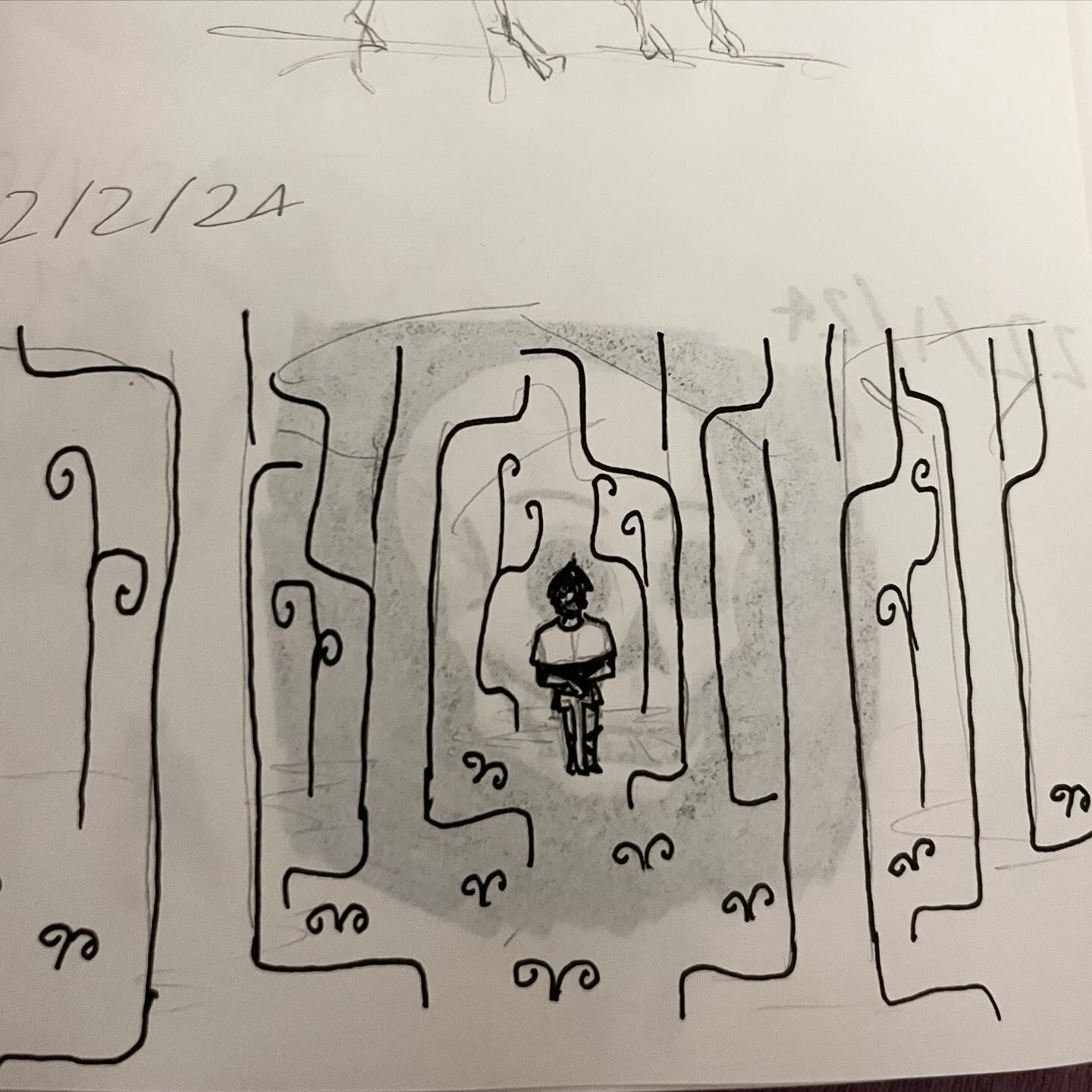 A pen drawing of a man in a stylised woodland