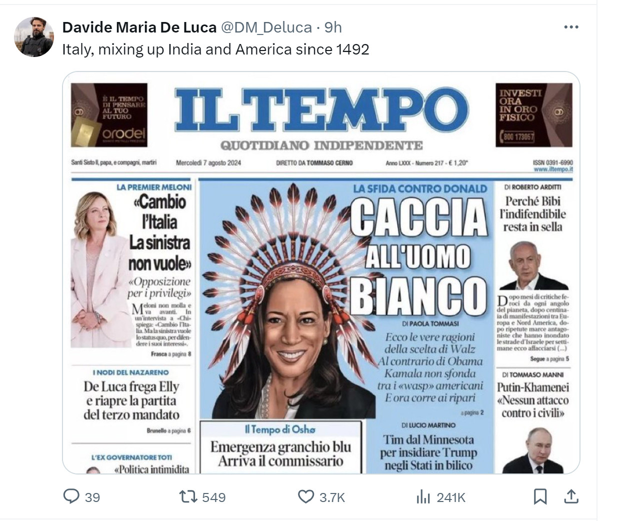 Front page of Il Tempo with an illustration of Kamala Harris wearing a Native American headdress