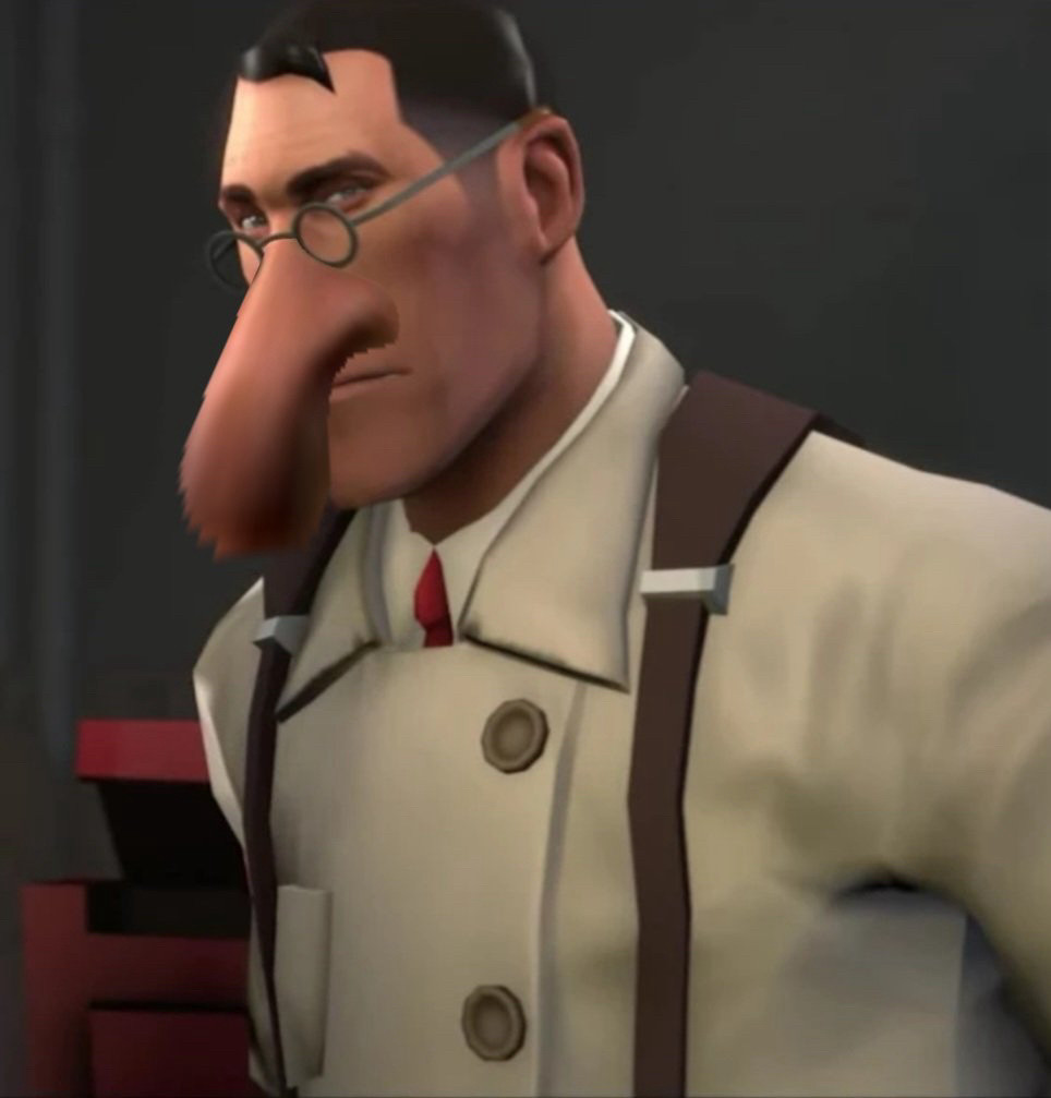 The medic from team fortress two with a huge honking nose, reminiscent of the nose found on proboscis monkeys