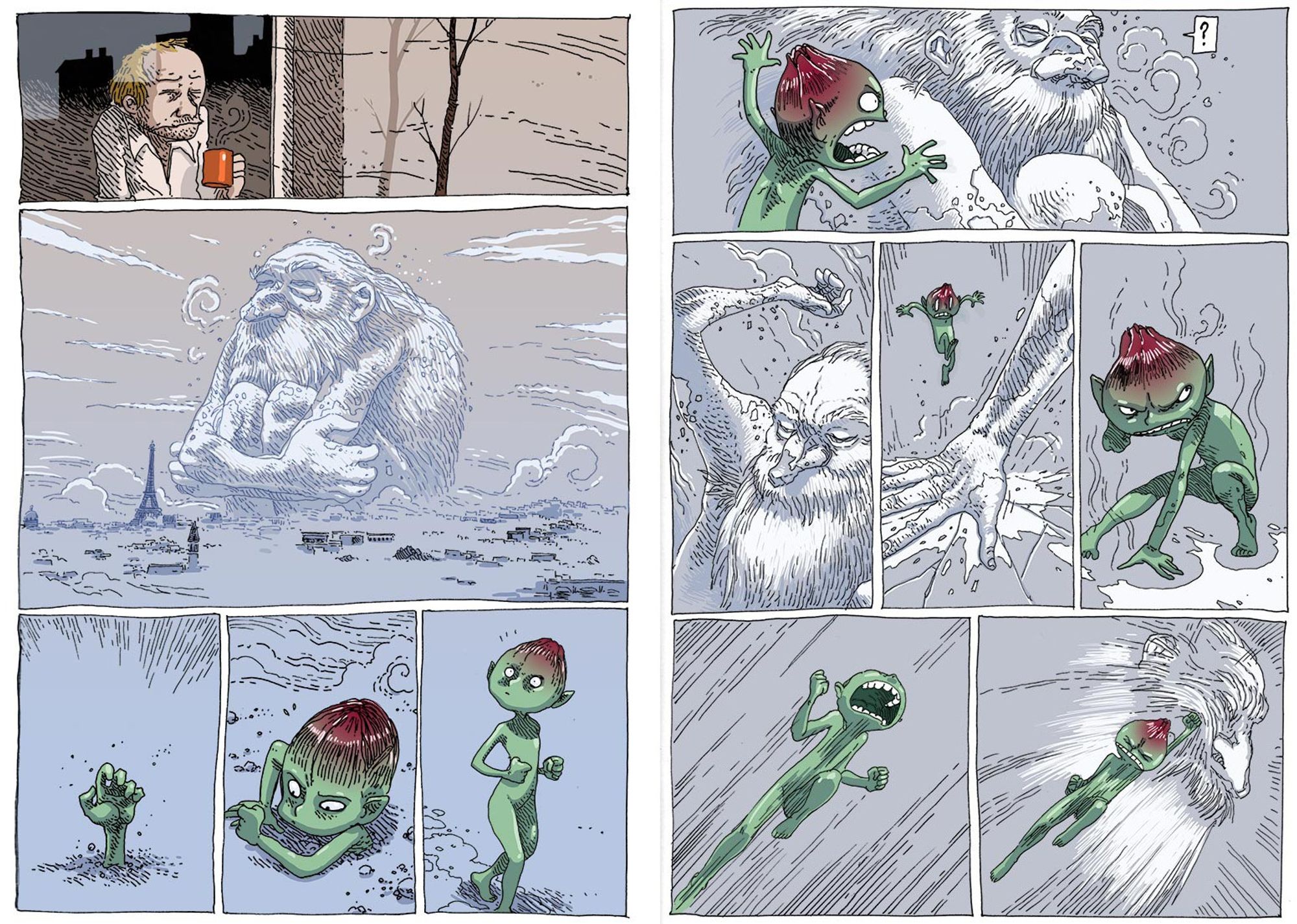 Deux pages d'une BD sur le thème de l'arrivée du printemps. On voit Boulet à sa fenêtre. Un géant glacial surplombe paris. Une petite créature végétale sort du sol et défie le géant. Un combat s'engage.