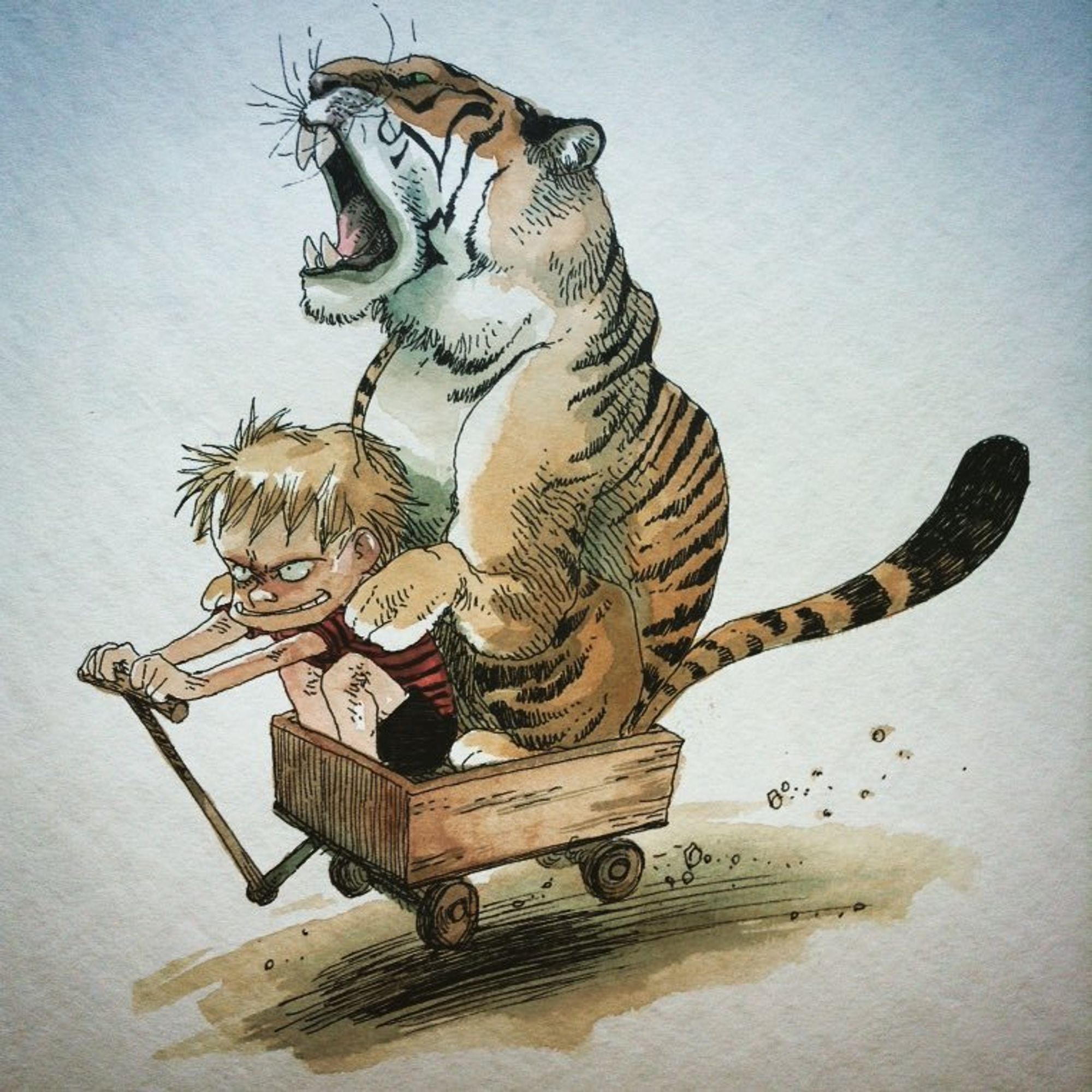 Une version à l'aquarelle plus réaliste de Calvin et Hobbes dans un petit chariot, dans laquelle Hobbes est un réellement un tigre.