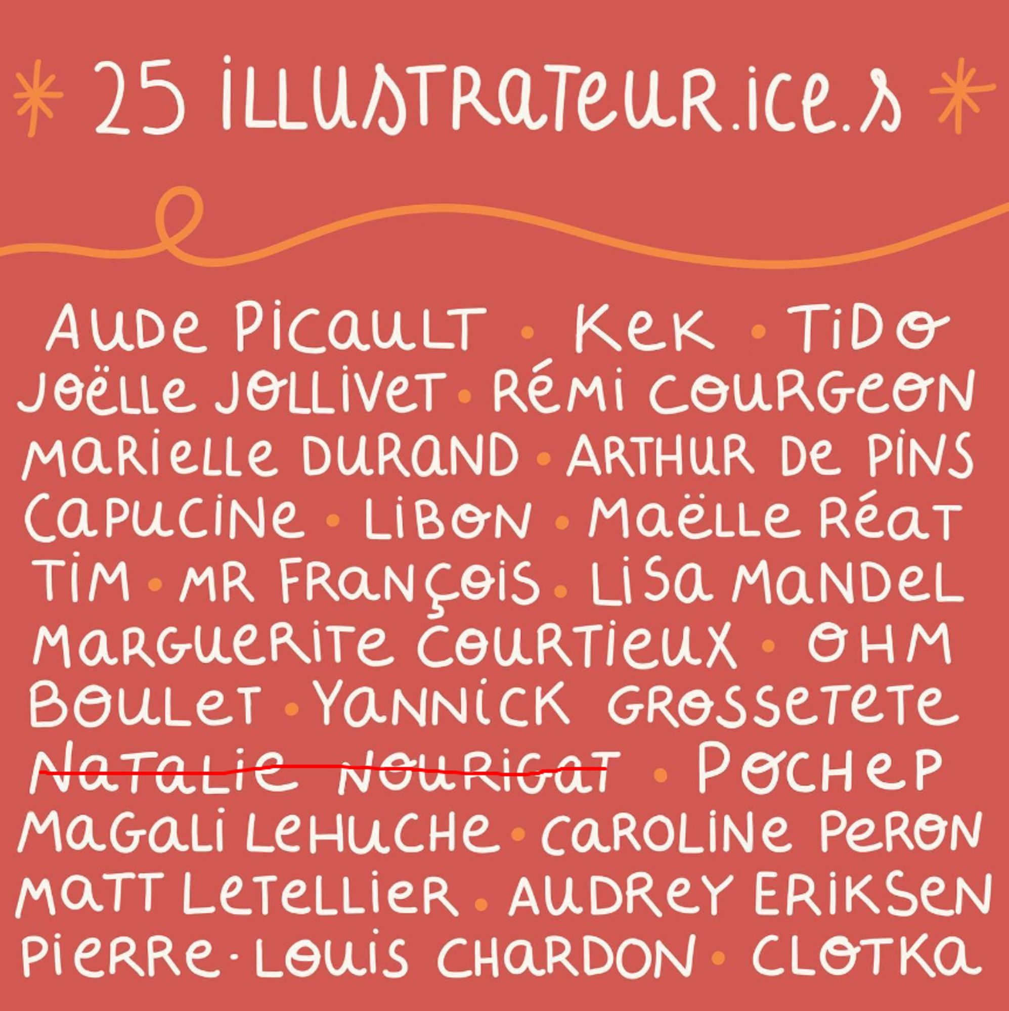 25 Illustrateurs/Illustratrices (24, en fait).
Aude Picault, Kek, Tido, Joëlle Jollivet, Rémi Courgeon, Marielle Durand, Arthur de Pins, Capucine, Libon, Maëlle Réat, Tim, Mr François, Lisa Mandel, Marguerite Courtieux, Ohm, Boulet, Yannick Grossetête, (Ici le nom de Natalie Nourigat est rayé, elle a dû annuler), Pochep, Magali Lehuche, Caroline Peron, Matt Letellier, Audrey Eriksen, Pierre-Louis Chardon, Clotka.