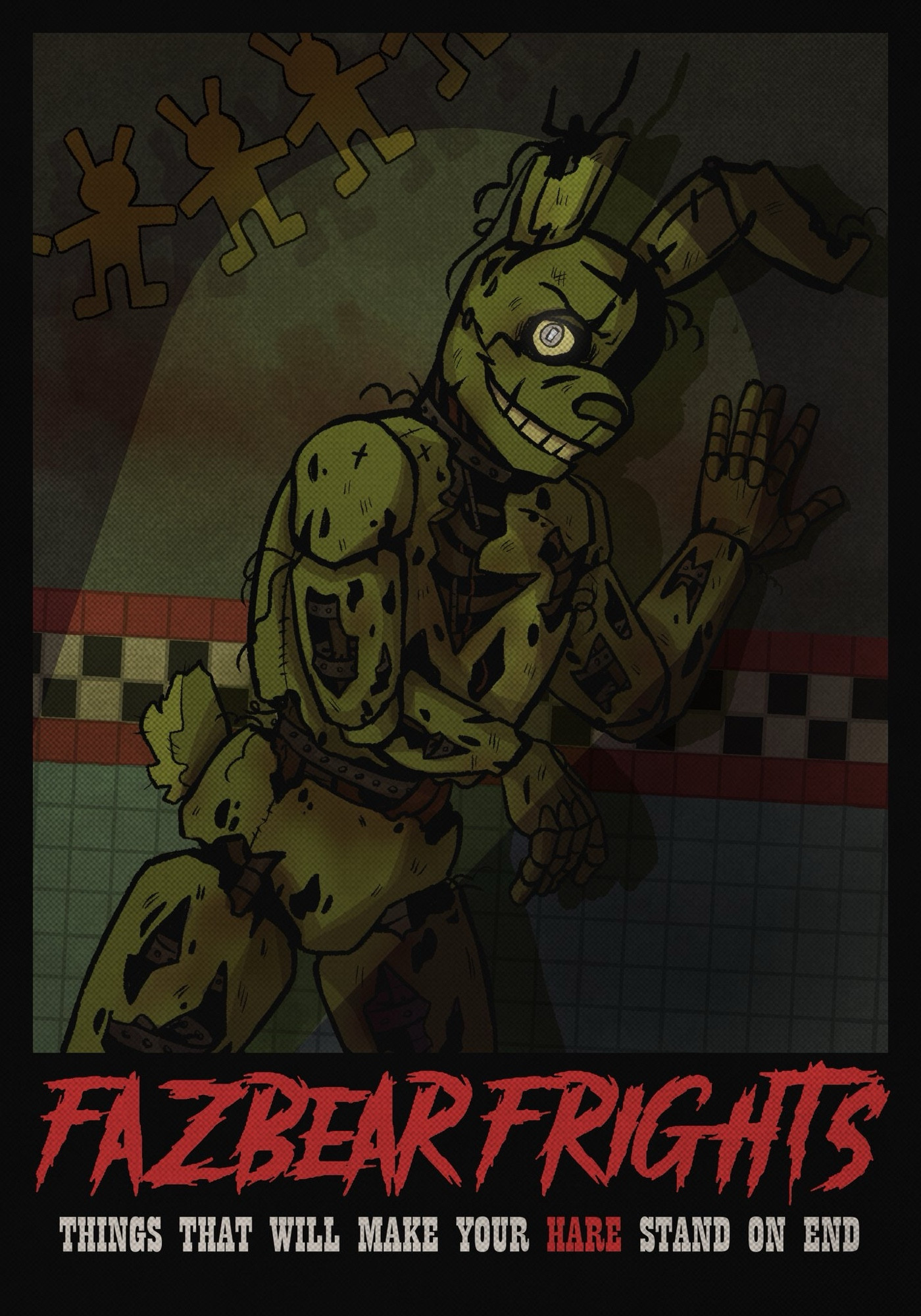 A poster for Fazbear Frights with text that reads “things that will make your hare stand on end”. The image depicts Springtrap, a destroyed animatronic shambling down the halls of the pizzeria turned haunted house