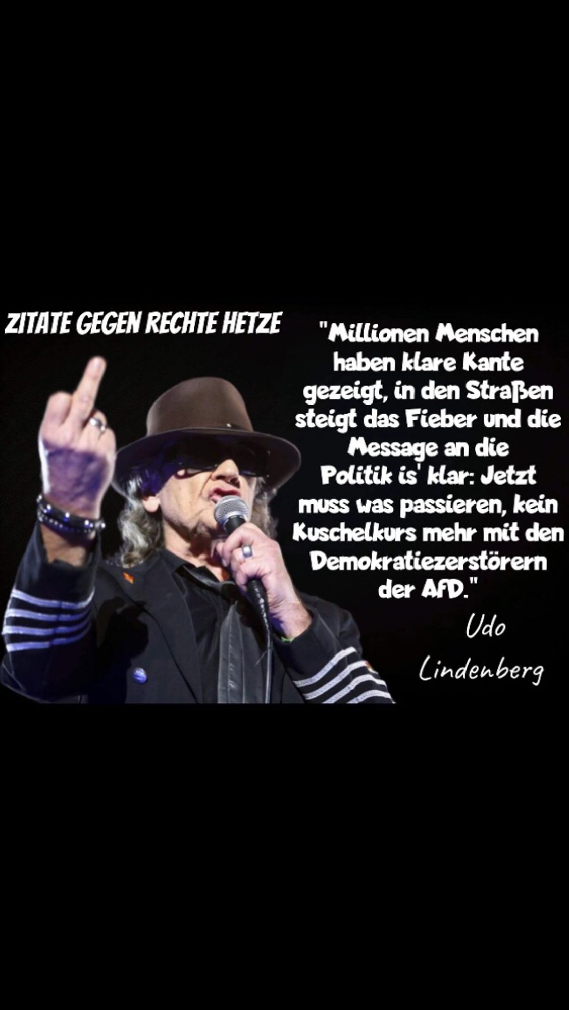 Das Foto enthält ein Bild von Udo Lindenberg mit folgendem Zitat:
„Millionen Menschen haben klare Kante gezeigt. In den Straßen steigt das Fieber und die Message an die Politik ist klar: Jetzt muss was passieren. Kein Kuschelkurs mehr mit den Demokratiezerstörern der AfD.

Zitate gegen rechte Hetze.