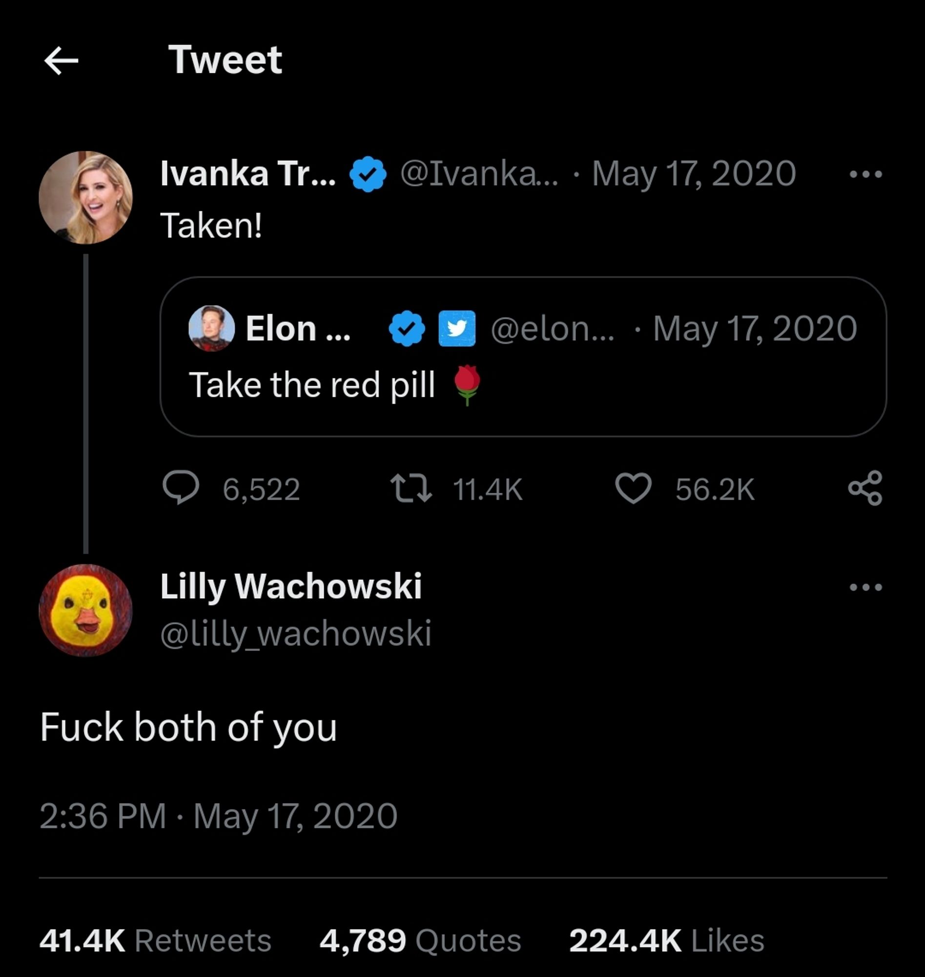 Lilly wachowski tells Ivanka trump and Elon musk to go fuck themselves 