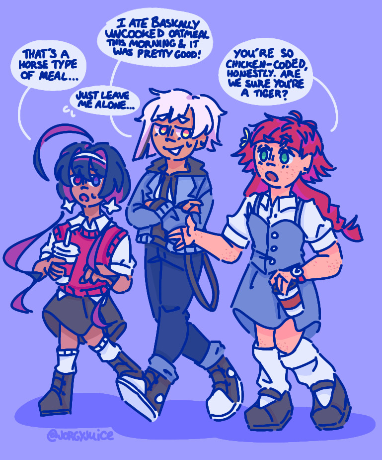 digital art of izumi kyouka, atsushi nakajima, and lucy maud montgomery from bungo stray dogs colored with a palette of blues and purples. they are dressed in streetwear and walking over a plain periwinkle background. atsushi makes an embarrassed expression and folds his arms as a speech bubble above him reads, "i ate basically uncooked oatmeal this morning & it was pretty good!". kyouka responds, "that's a horse type of meal..." with a confused expression. lucy looks similarly confused and gestures with one hand, saying "you're so chicken-coded, honestly. are we sure you're a tiger?". atsushi says, "just leave me alone..." with sweatdrops next to this speech bubble. the artist's signature, @/jorgyjuice, is written by the shadows below their feet.