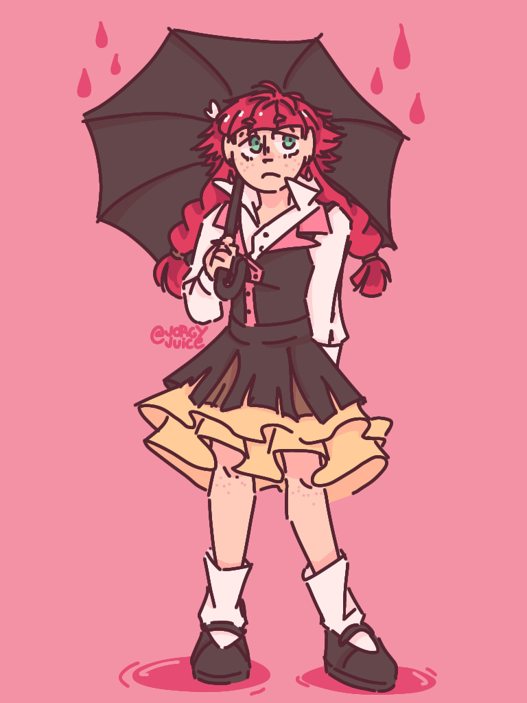 digital art of lucy maud montgomery from bungo stray dogs. she is standing holding an umbrella in front of a pink background, looking unhappily into the distance. there are pink raindrops over her umbrella and puddles at her feet. the artist's signature, @/jorgyjuice, is written under her arm.