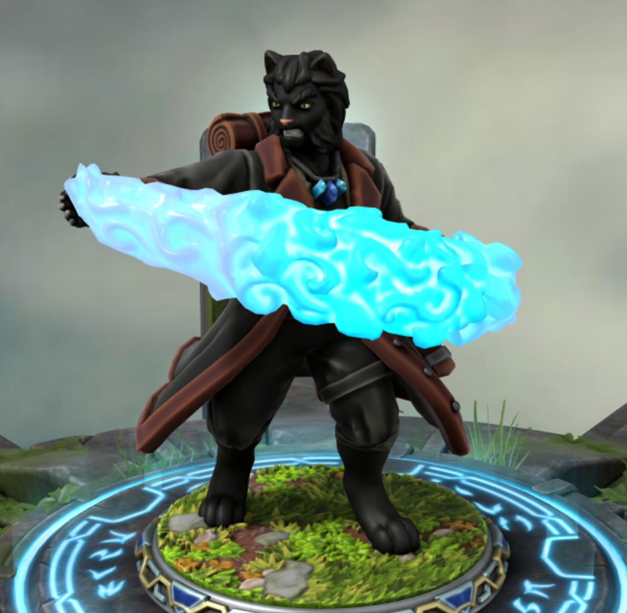 A HeroForge 3D model of Butter, a snarling cat-person wearing earth toned clothing, he’s completely black and fluffy. Butter is in the middle of casting big magic in a swirling electric blue arc between his hands.