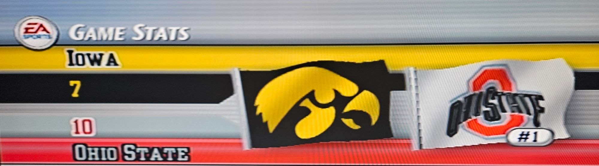 This week's Totally Irrelevant Prediction as displayed on a scoreboard from EA Sports' NCAA Football 2004 with team flags blowing in the virtual breeze: Ohio State 10, #Hawkeyes 7