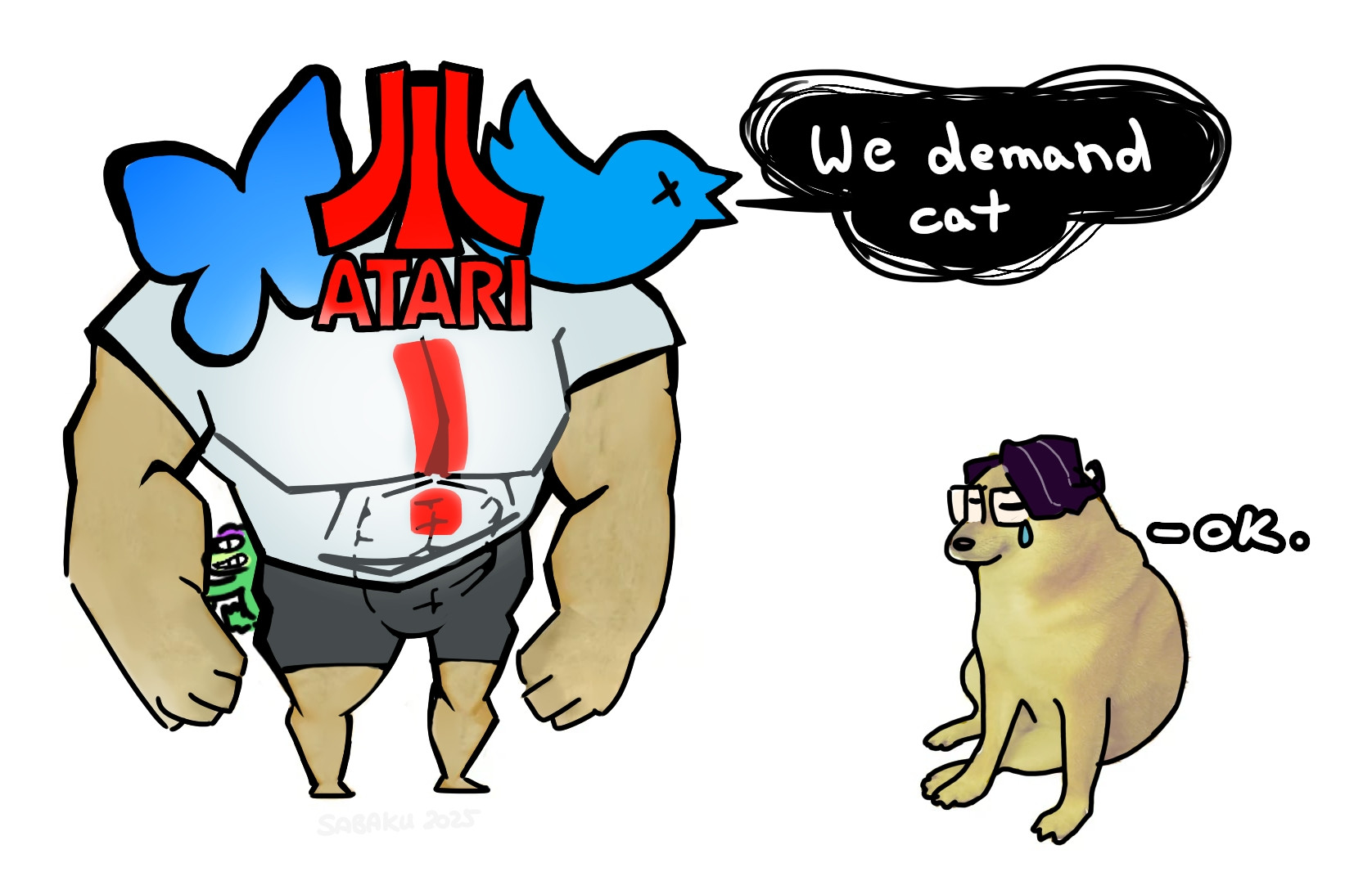 The chad doge small doge meme, but chad doge has the Atari, the bluesky and the twitter logo as heads, wearing a bubsy shirt and a hex plush, saying "we demand cat" while the small doge is reminiscent of Fabian from Fabraz, saying ok
