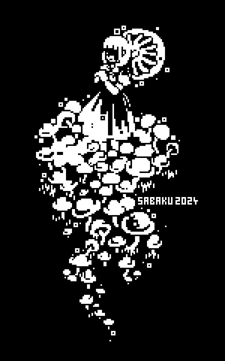 1 bit pixelart image of a girl standing in a field full of tiny glowing mushrooms. She wears a dress and holds a big glowing mushroom like an umbrella. Her face lies in the shadows