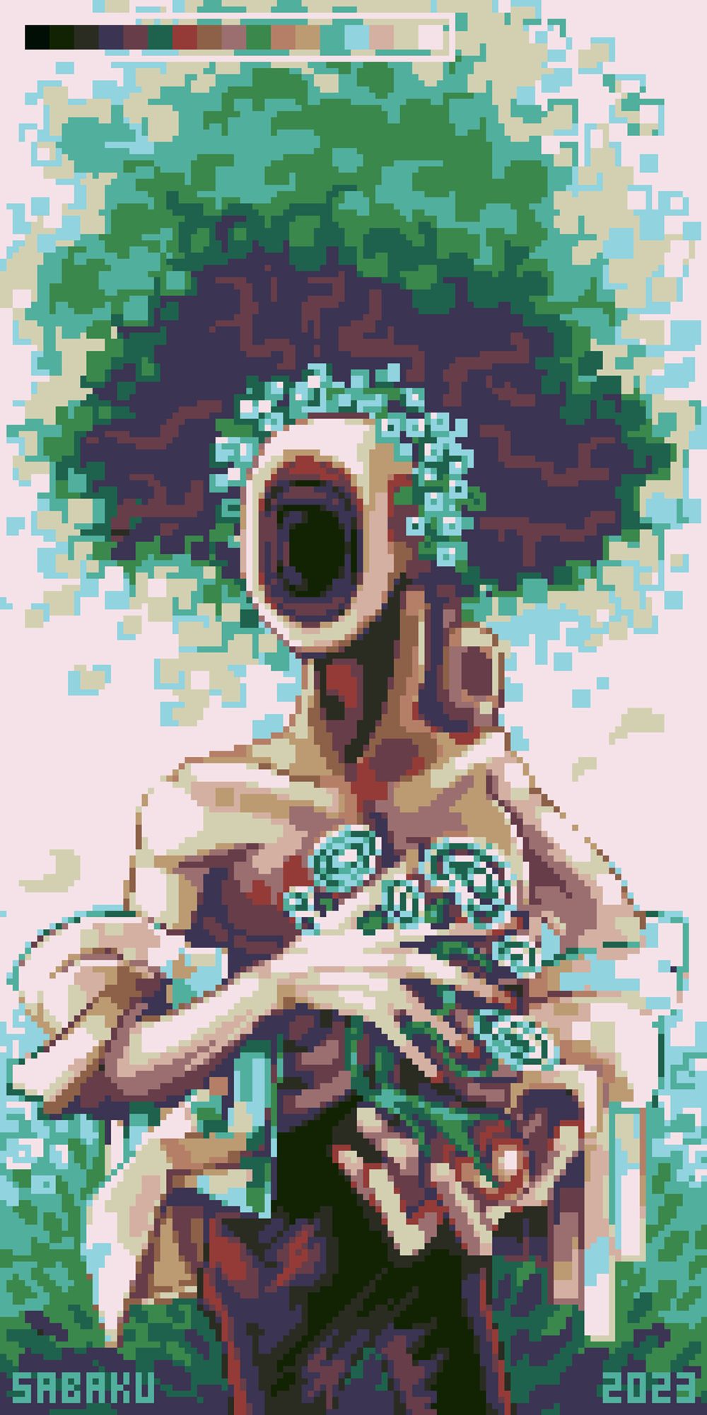 portrait of a pale figure with no face, but a gaping dark hole in the middle and a blue flower crown on their head. They are carrying a big blue flower that is growing out of a lump of flesh. In the background is a big tree, growing into the sky and grass on the bottom