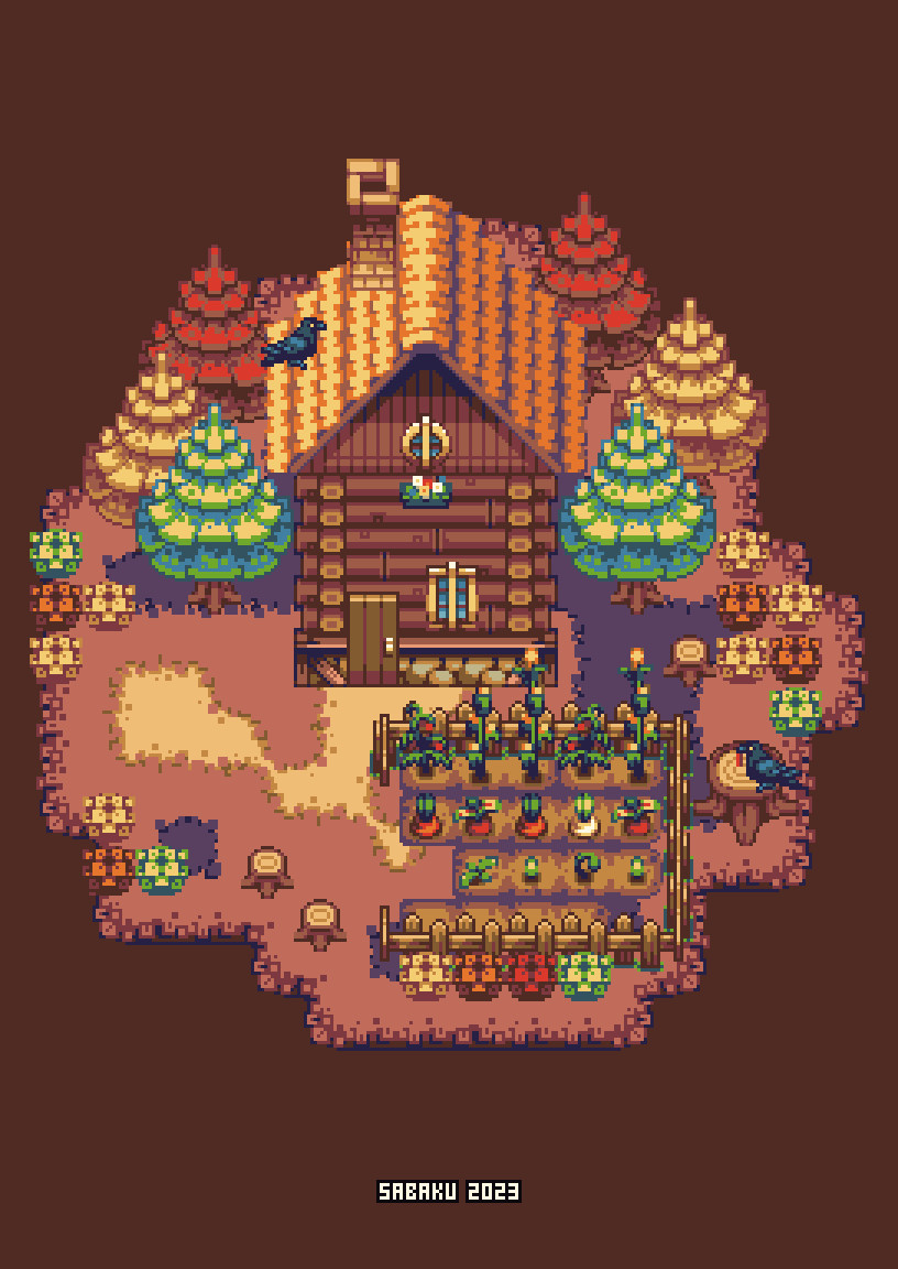 pixel art image showing a wooden cabin with a straw roof surrounded by trees and a little field with various vegetables. The landscape is very autumn-esque with muted brown red and yellow colors