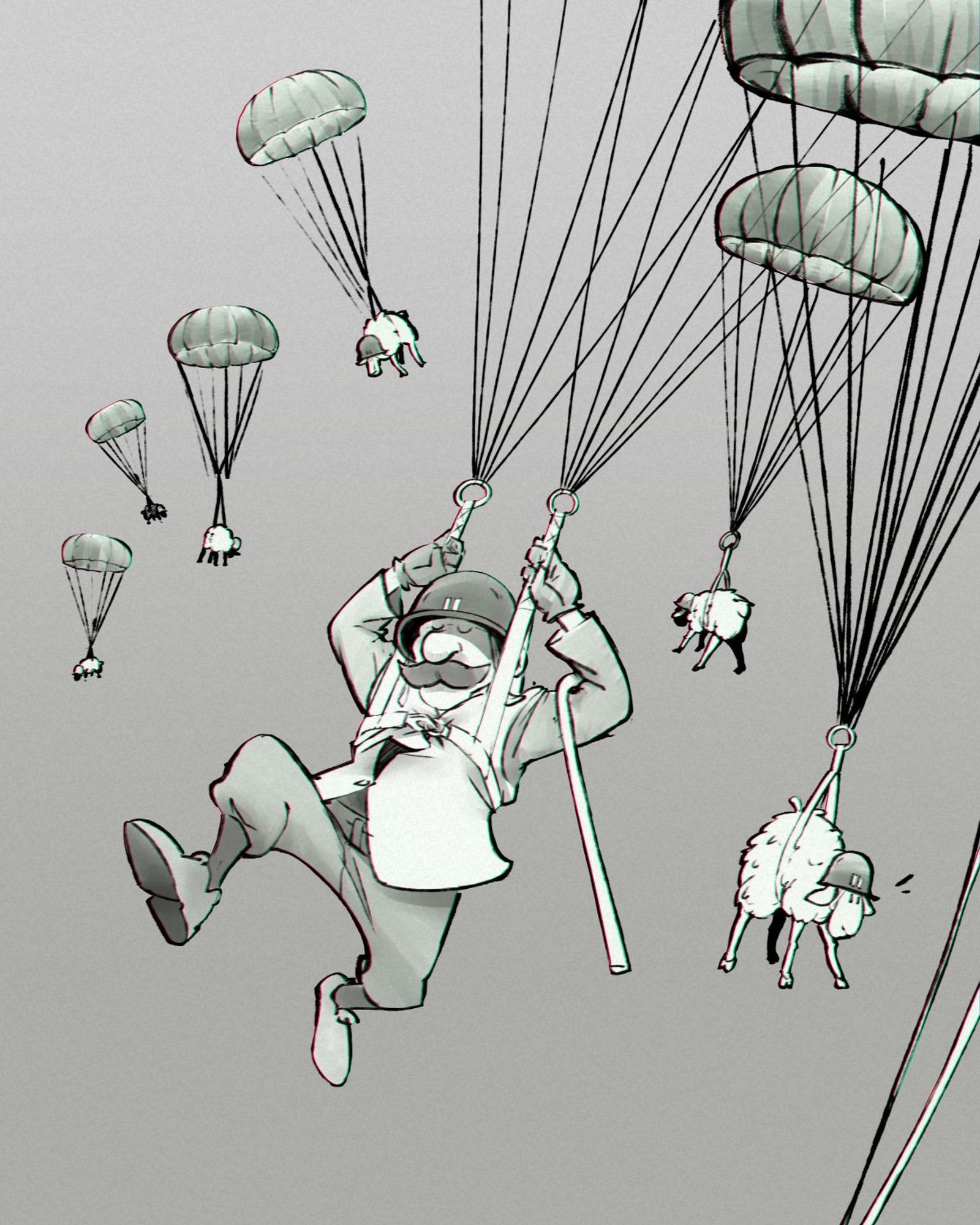 doodle shepherd and sheeps on parachute