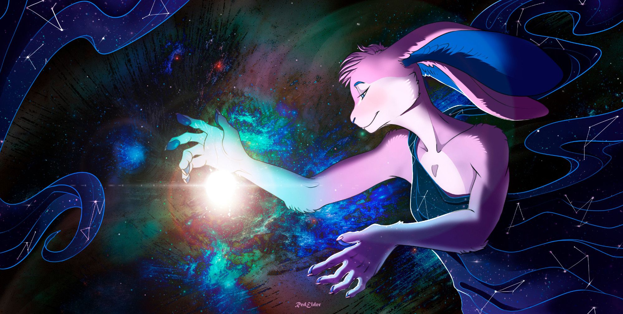 An anthropomorphic pink and blue rabbit floating in space, her arms outstretched and wearing a flowy star-patterned toga around her chest