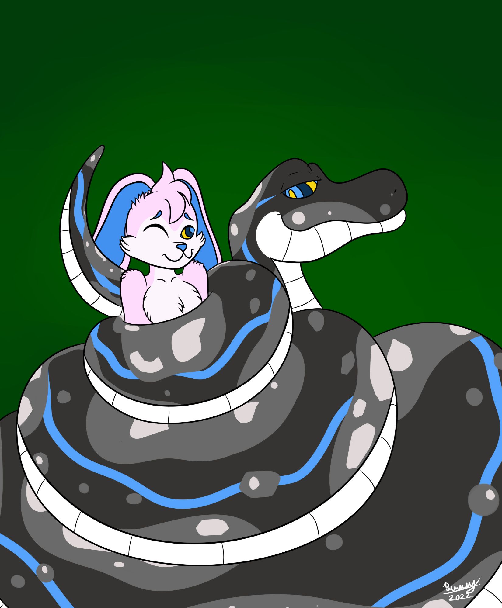 An anthropomorphic pink and blue rabbit wrapped in the coils of a grey and white serpent, his eyes swirling with hypnotic colour, as the bunny looks cautiously with one eye open