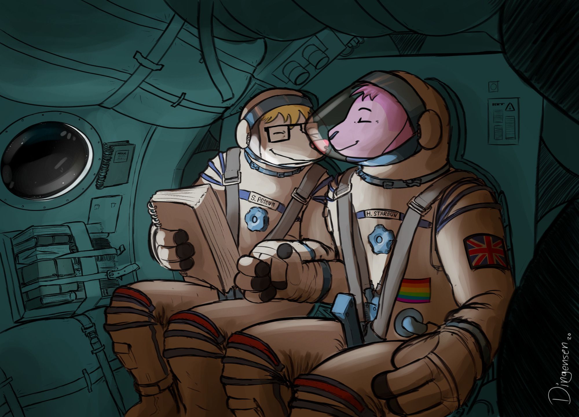 An anthropomorphic bunny and opossum wearing spacesuits and touching helmets inside of a Soyuz space capsule