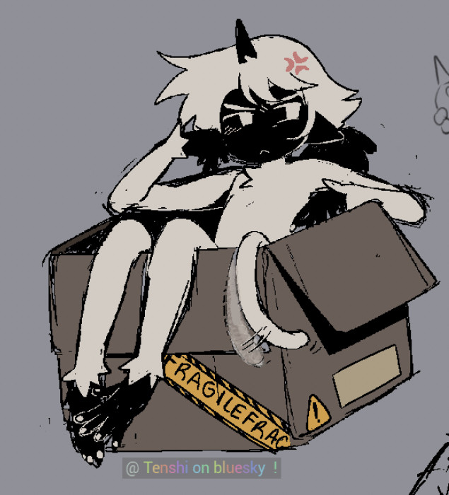 OC Yukichi sits inside a box. his legs are hanging out of it and he's leaning on his hand, annoyed. His tail is twitching side to side like a cat's when they're angry. On the box there's a "fragile" sticker, and a warning sign sticker. Under the doodle it says " @ tenshi on bluesky !" because i made this on drawpile and wanted people to be able to find me if they want to see more of this oc hehhe 