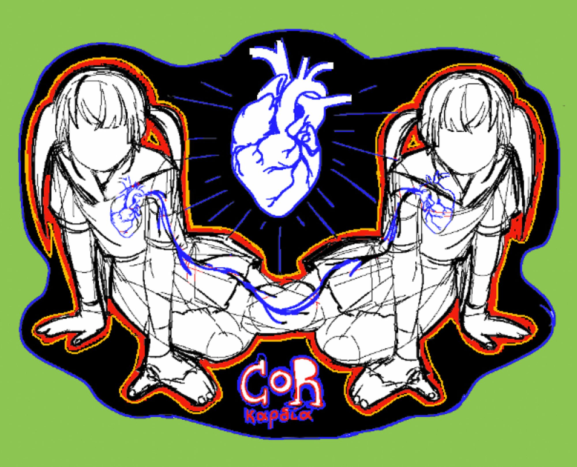 two faceless girls wearing seifuku uniforms with their hair up in twintails sit on the floor leaning forward, they're connected by veins that travel from their hearts, down through their legs, which overlap with each other. between em, a bigger heart with some lines that signify that it shines?sort of. at the bottom it says "cor" and below that, cardía (in greek), both mean "heart". the girls are colored white, as is the heart and letters, the heart lines are blue, there is a red outline around the girls and text, and a smaller yellow outline outside the red one