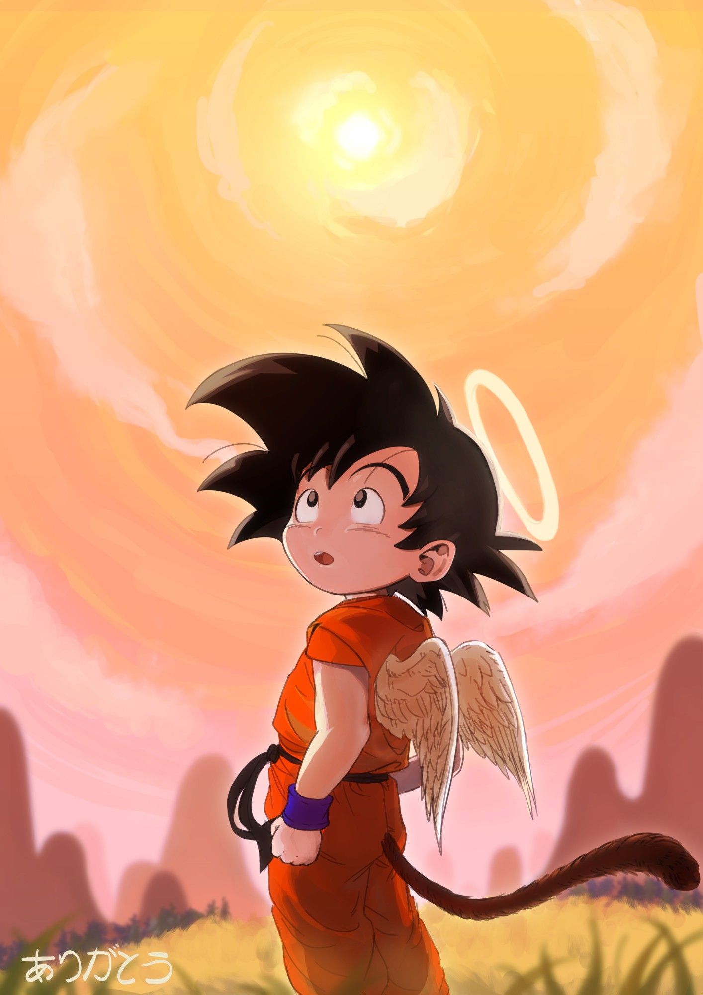 Goku as a kid still with his monkey tail attached, stands in the middle of a field with some mountains reminiscent of the first episode of Dragon Ball in the background. He has a couple of wings and a halo like the times he died as an adult. The sky is a sunset and clouds circle it in a spiral, sort of. In the lower-left corner of the picture, it says "Thank you"