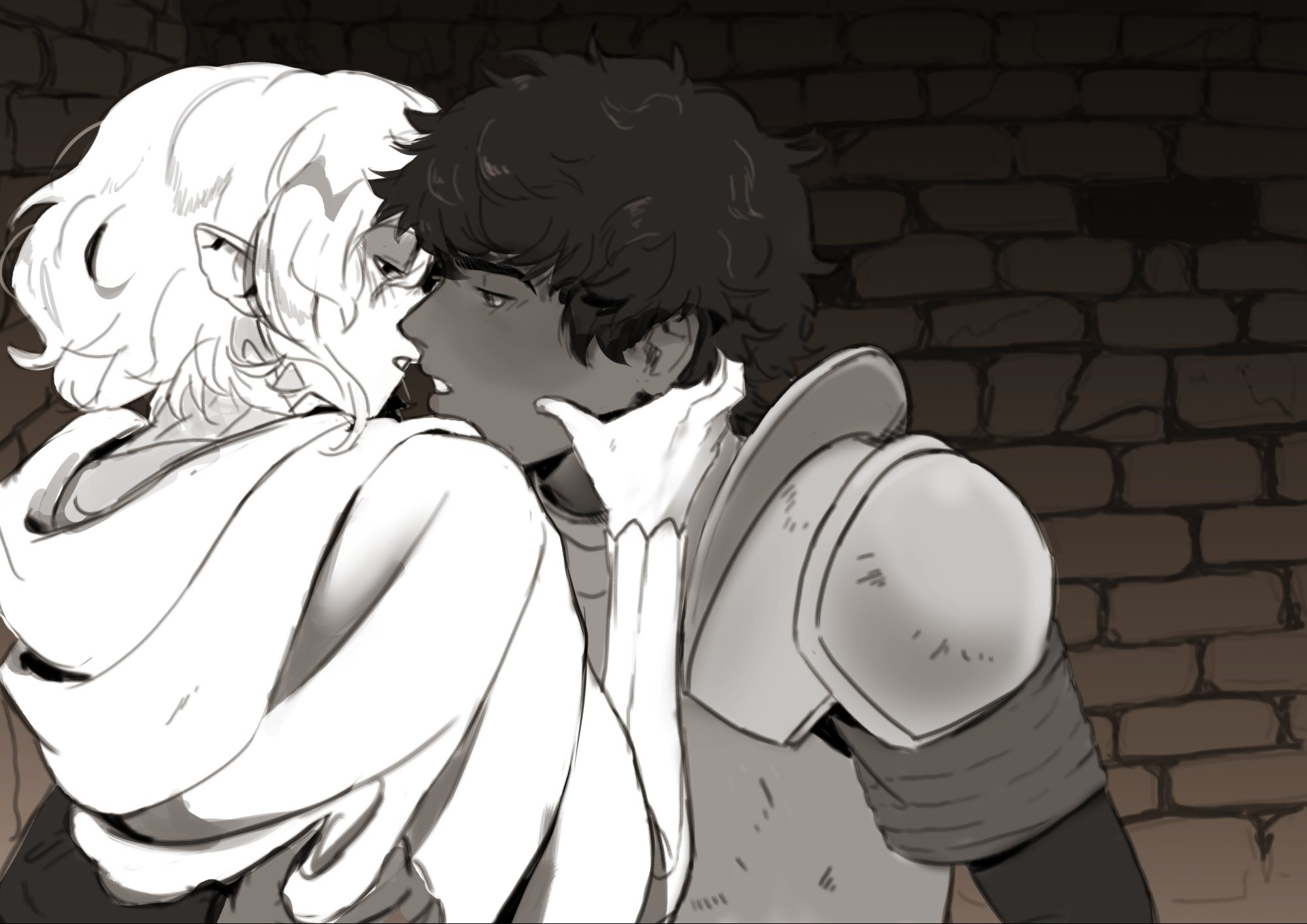 Kabru from dungeon meshi (a "human" man with dark skin and black hair who wears a metallic armor) x Mithrun (an elf with short, wavy hair, his ears seem to be cut off at the tip, he wears a long cape on his back / shoulders). They are about to kiss 😳 two best friends in a dungeon........ they may kiss......