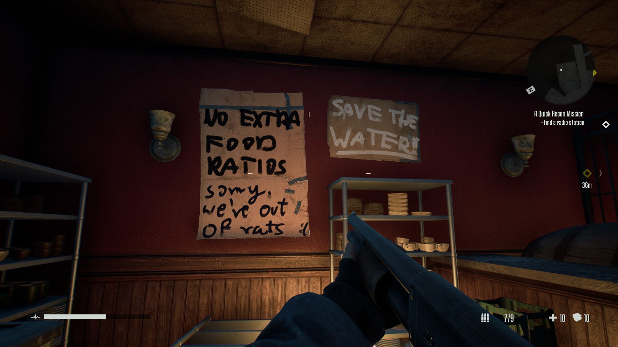 A screenshot from the videogame "Terminator: Resistance." There are two signs, the small one with white text says "SAVE THE WATER!" and the large sign with black text says: "NO EXTRA FOOD RATIOS. Sorry, we're out of rats :( " Presumably it was meant to say "RATIONS" rather than "RATIOS."