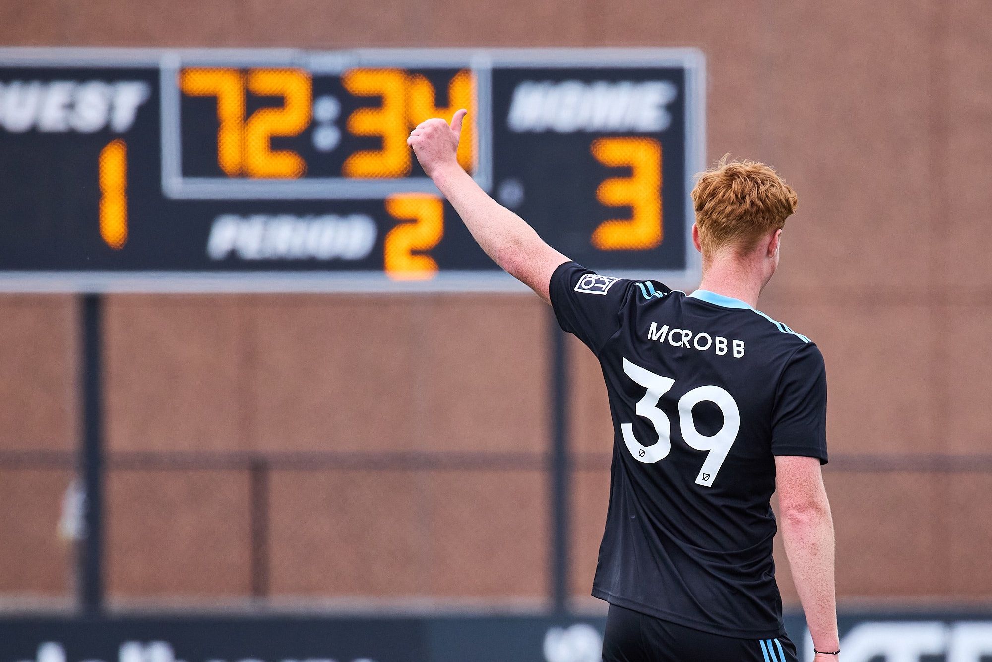 Finn McRobb gives a thumbs-up after scoring the Twos third goal, solidifying the lead against Tacoma Defiance.