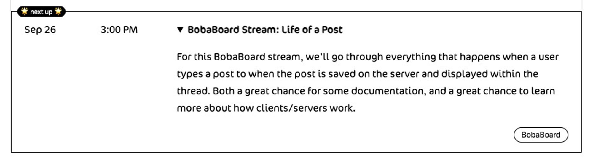 BobaBoard Stream: Life of a Post

For this BobaBoard stream, we'll go through everything that happens when a user types a post to when the post is saved on the server and displayed within the thread. Both a great chance for some documentation, and a great chance to learn more about how clients/servers work.