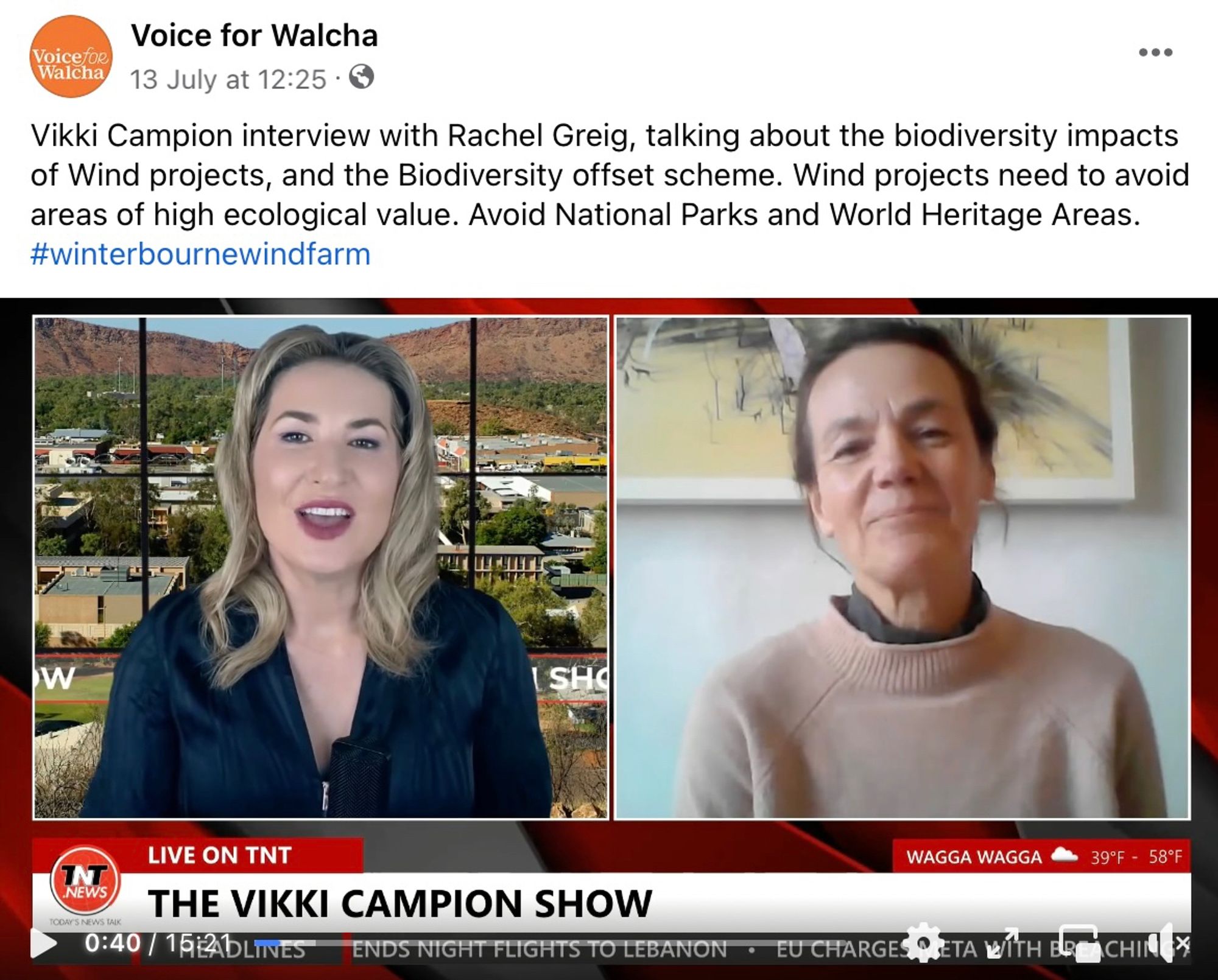 Vikki Campion interview with Rachel Greig, talking about the biodiversity impacts of Wind projects, and the Biodiversity offset scheme. Wind projects need to avoid
areas of high ecological value. Avoid National Parks and World Heritage Areas.
#winterbournewindfarm