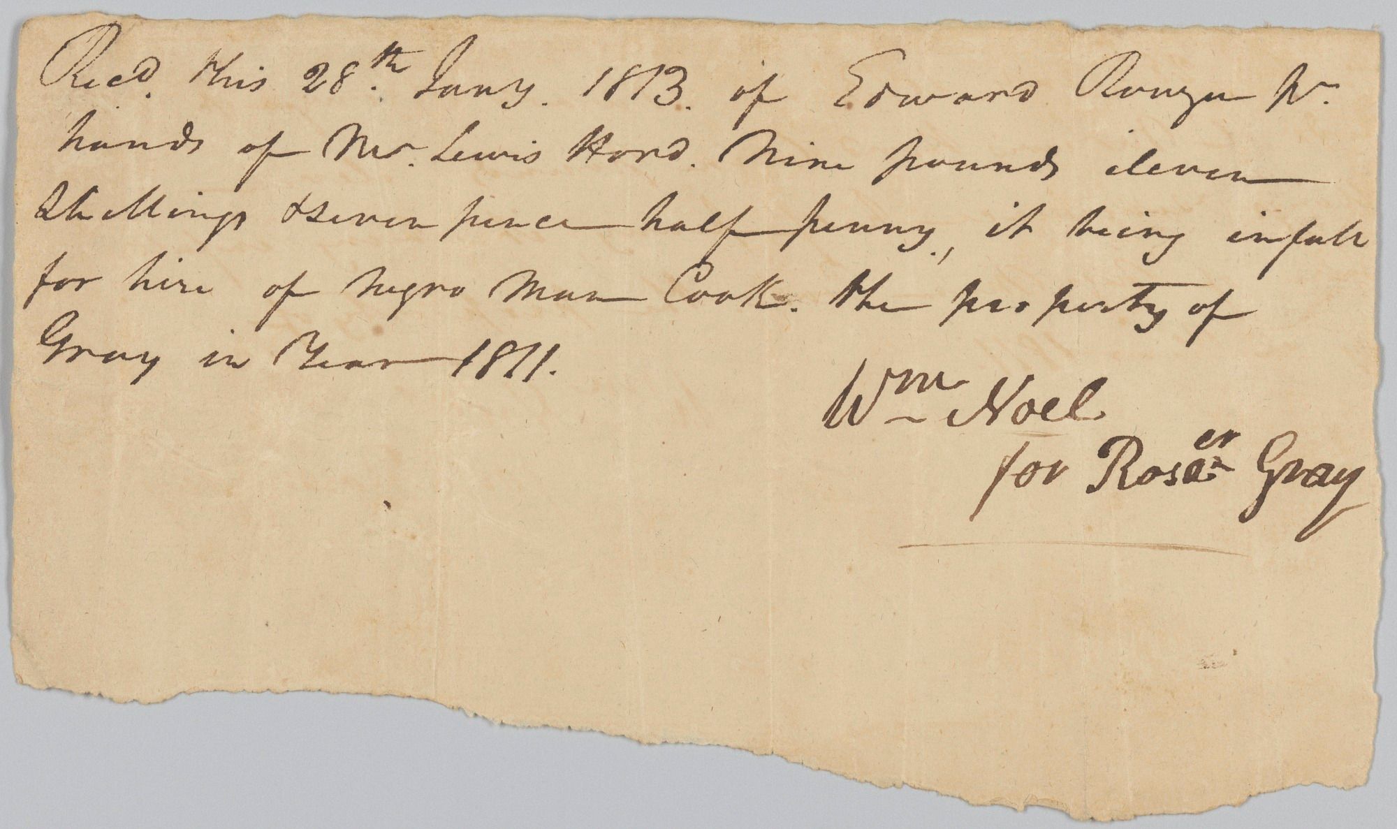 Payment receipt to Rosa Gray for the hire of an enslaved man, Cook