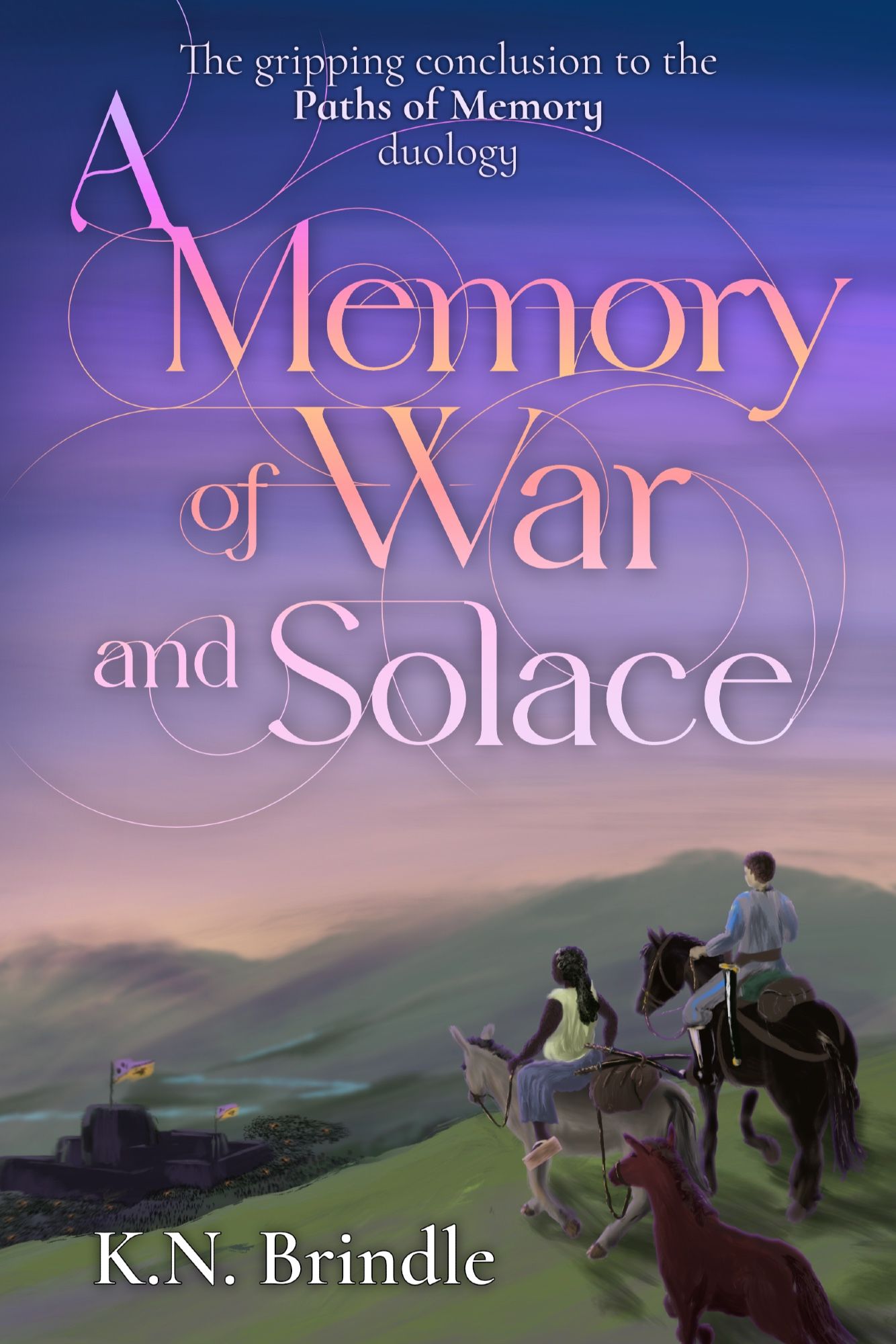 Two people riding at the top of a hill in the foreground, facing away into the distance. One rides a gray mule, the other a horse. Down rolling hills to a distant valley, a dark fortification stands, surrounded by the campfires and purple and orange banners of an army in black. The sun is setting in the distance.

The title of the book fills the cover in a smooth gradient from pinks to oranges, with circular tracery extending from the letters serifs and ascenders to form a web of intersecting paths.