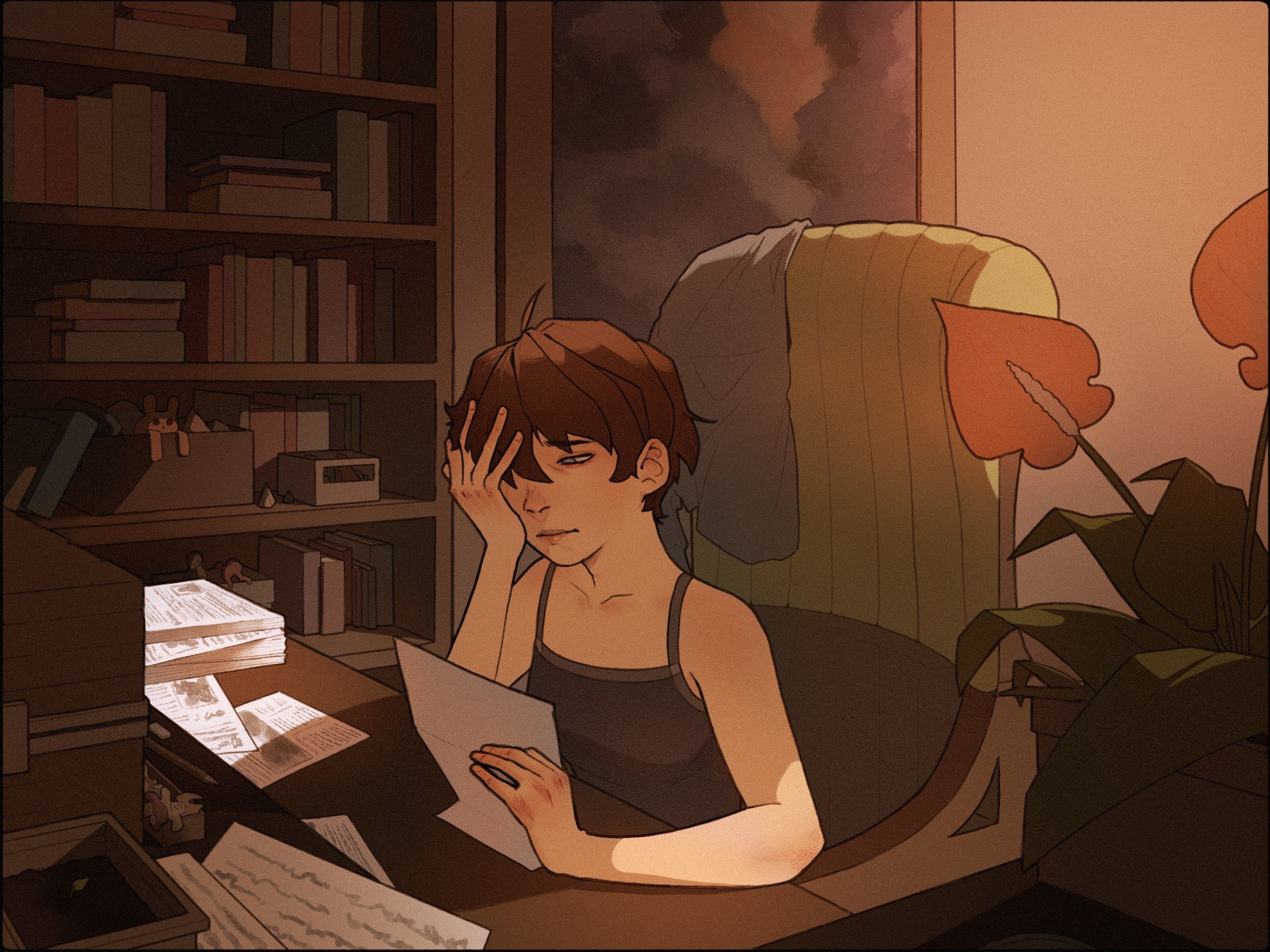 An old OC illustration of a woman looking sad over a letter that she is reading while sitting on a desk in a messy room.