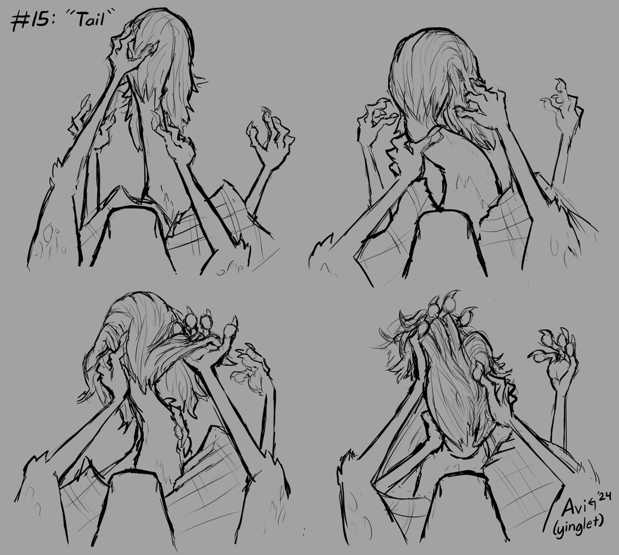 Four panels of a yinglet handling her tail, and threading her fingers through the tuft at the end of it