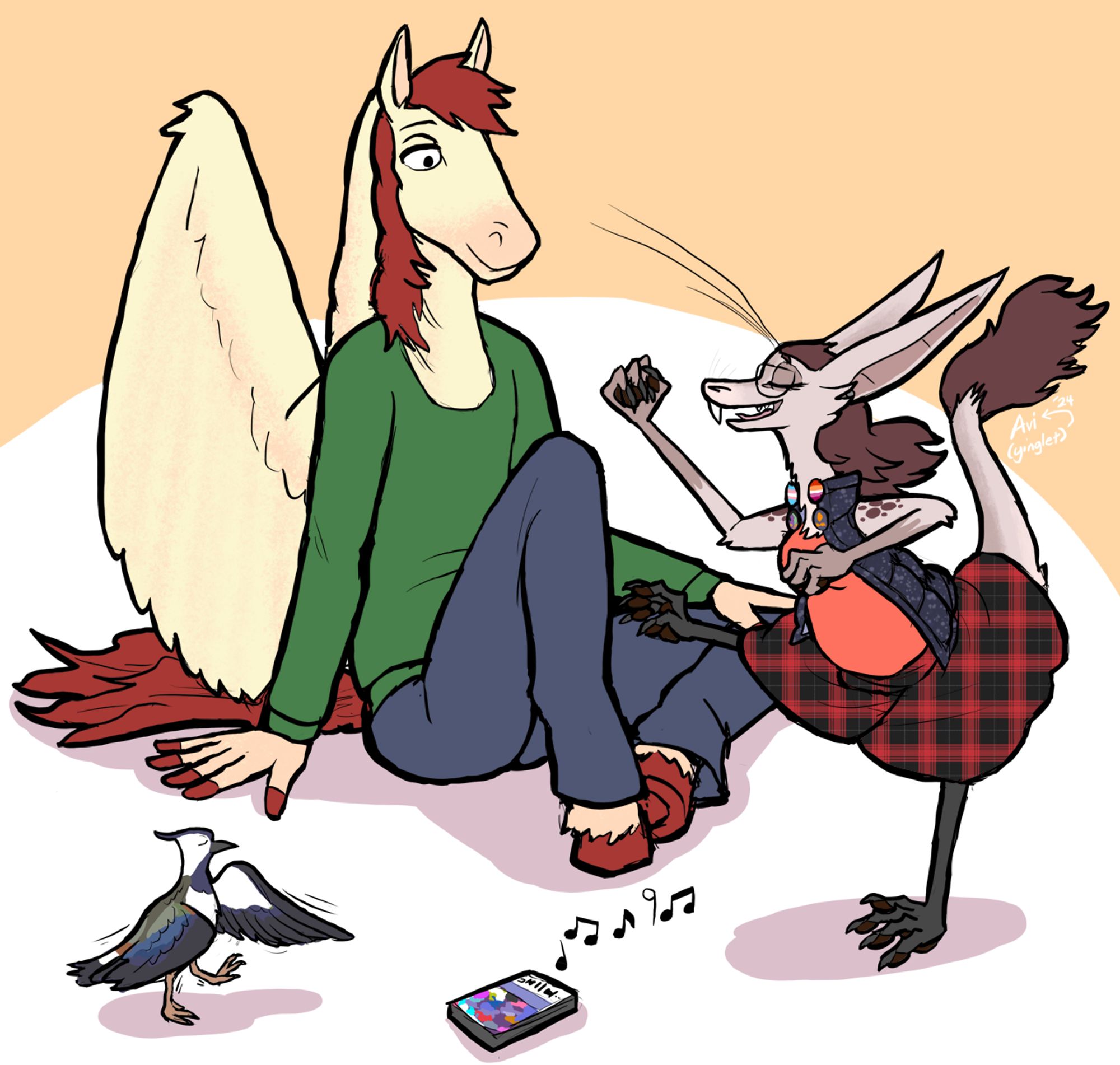 A Northern lapwing bird and a beige yinglet dance to a Vylet Pony album ("Girls Who Are Wizards") played from a floor-positioned phone while a red-haired pegasus with a dappled yellow coat observes