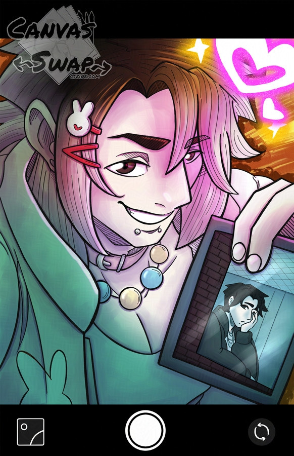 Digital drawing of a trans woman taking a selfie. She is Caucasian with shoulder-length pink & black hair. She's wearing a pink jacket, a white shirt, pink rabbit barrettes, and a blue and yellow necklace. She's holding up a photo of her pre-transition self, which is a person with short black hair wearing a grey hoodie, looking sadly out of a window. The foreground is a smartphone camera screen, and the background is orange with glowing hearts and sparkles.