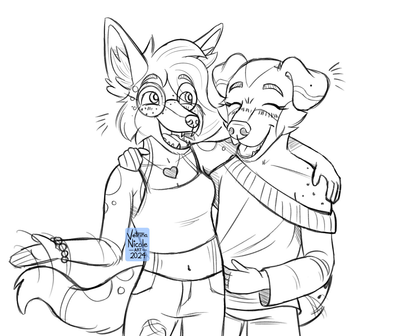 An uncolored half-body digital sketch by me of two canine anthro characters. The character on the left, named Azura, is a fox with shoulder-length hair and spots. She's wearing a cropped tank top, ripped jeans, and round glasses. The character on the left, named Minty, is a dog with floppy ears. She's wearing an off-the-shoulder sweater and jeans. They're both blushing and laughing together, with their arms around each others shoulders.