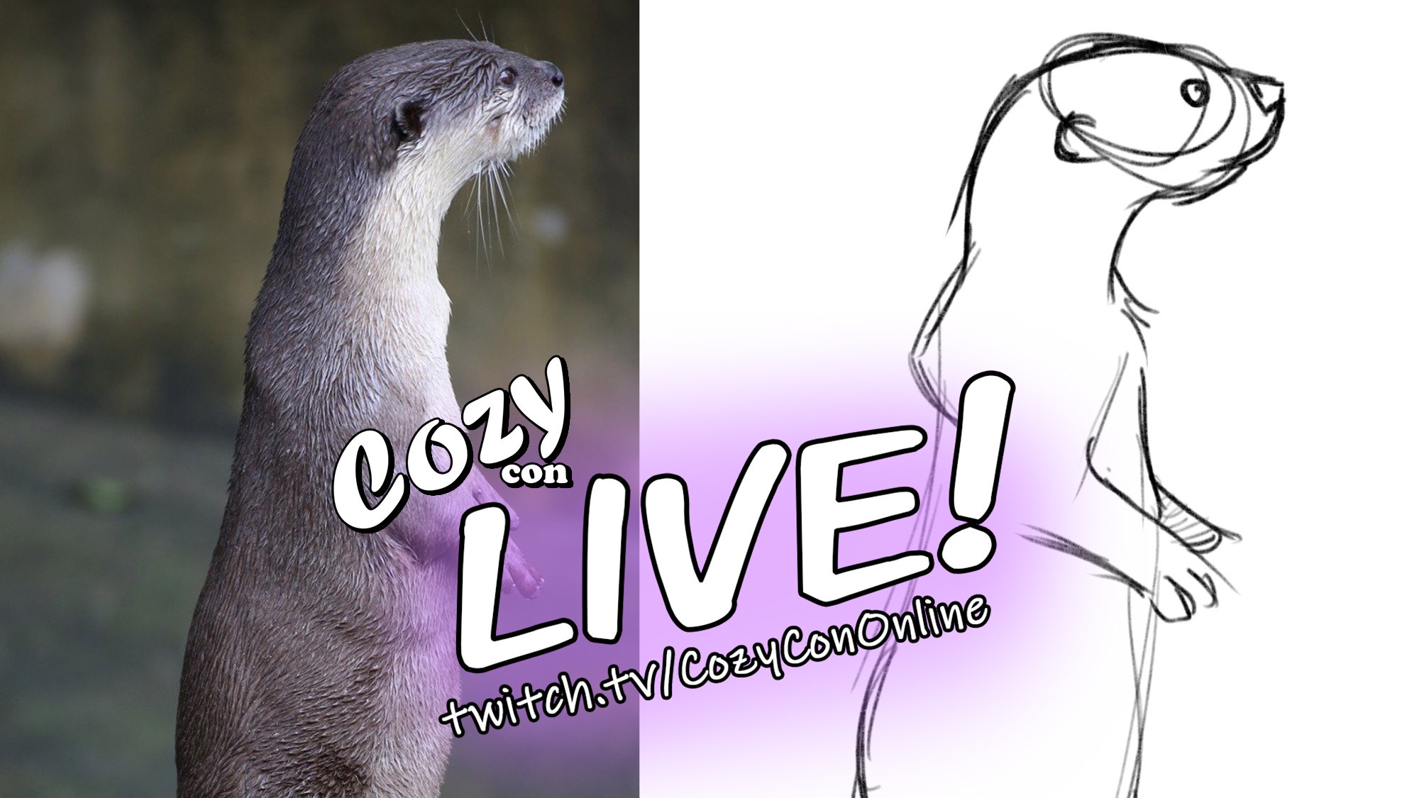 Stream announcement featuring a gesture drawing of an otter. The text says "LIVE! twitch.tv/cozycononline"