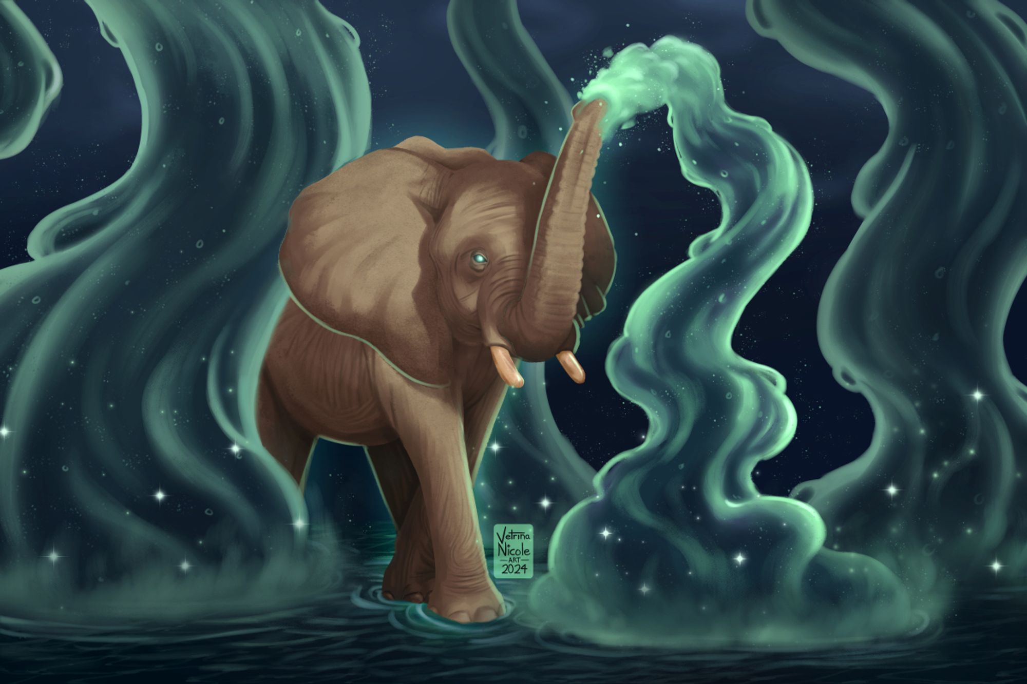 Digital painting by me of an African elephant conjuring water. The elephant is tan with glowing light blue eyes. Its trunk is raised, and it's spewing a stream of flowing water from it. The water is glowing teal with stars in it, and the water gets more gaseous the closer it gets to the floor. There are three other streams of water surrounding the elephant, reaching all the way to the top of the painting. The floor is standing water. The background is dark blue with subtle clouds.