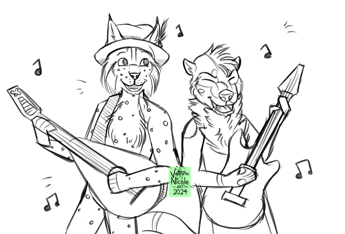 An uncolored knee-up digital sketch by me of two anthro characters playing guitars together. The one on the left is a bobcat named Lorelei. She has spots all over her body, and she's wearing a fedora-like hat with a feather on the side. She's playing a lute. The one on the right is a otter named Iggy. He has a mohawk on his head and fluffy neck fur. He's playing an electric guitar.