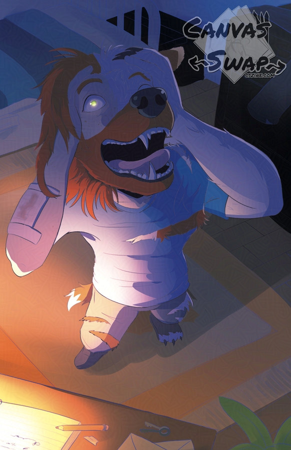 Digital drawing of a man transforming into a werewolf. The drawing is a birds-eye view. The person is half man & half wolf. The man has white skin and red hair. The wolf has red and white fur with black claws. The person is wearing a shredded blue shirt and shredded khaki pants. The room the person is in has a bed with blue sheets, wooden floors, an orange rug, a desk, and a dresser. The lighting is dark with a strong orange glow from the lamp on the desk. The person's green eyes are glowing.