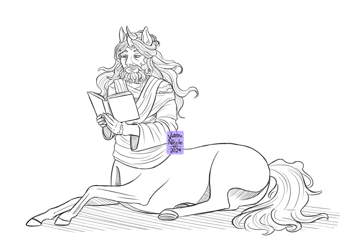 An uncolored full-body sketch by me of a centaur character named Tiber. His human half is middle-aged with long hair and a thick beard. He has horse ears and a spiral horn growing from the middle of his forehead. He's wearing a tunic-like shirt, and he's reading a book. His horse half is laying on the floor. He has a long, thick tail.