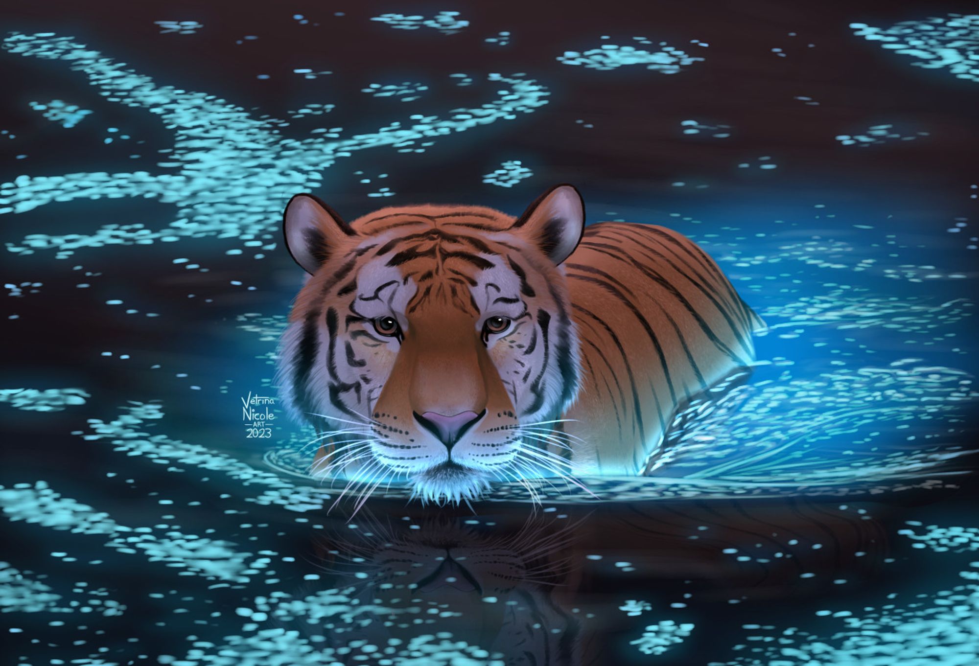 Digital painting of a tiger swimming in a lake. The tiger is orange and white with black stripes. Its head is above the water, looking at the viewer. Its back is visible but the lower half of its body is submerged with waves radiating from it. The water appears black with a slight violet tinge. Clusters of light blue glowing algae are floating on the water. There's a strong blue glow in the water around the tiger, shining onto its face and body.