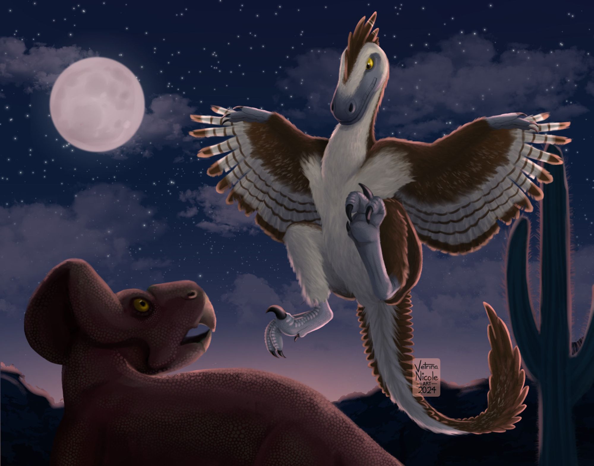 Digital painting by me of a velociraptor hunting a protoceratops. The velociraptor is in the air on the top-right corner of the painting. It has its wings outstretched and its feet up, ready to grab the protoceratops. The velociraptor is white with brown markings and grey hands, feet, & muzzle. Its wings are white with brown stripes. The protoceratops is on the ground in the bottom-left corner of the painting. It's looking up at the velociraptor with a shocked expression on its face. The protoceratops looks like a tiny triceratops, and it's maroon in color with a tan beak and yellow eyes. Most of the background is a blue and pink dusk sky with a light pink moon. The bottom of the background has dark blue rocky bluffs and a dark greenish-blue cactus.