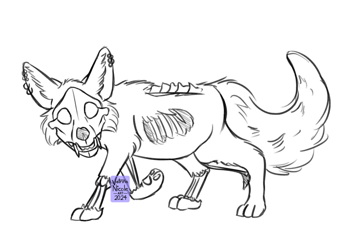 An uncolored full-body sketch by me of a fox character named Loveletting. He has a skull face with fleshy ears, and his body is fleshy with spots bone showing. His legs are bony but his paws are fleshy. He has several earrings in each ear. He's standing slightly crouched and looking at the viewer.