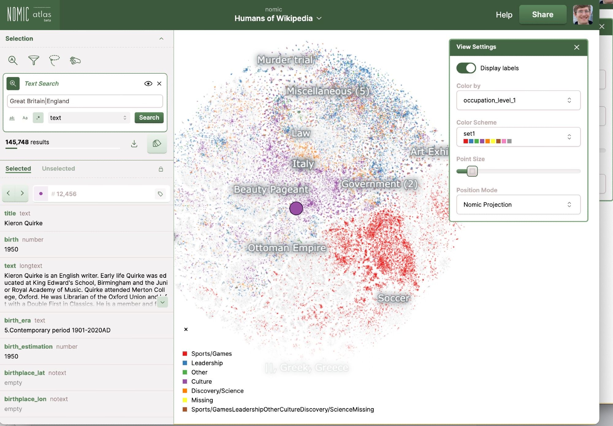 A screenshot of Nomic AI's web interface showing hundreds of thousands of results in a map.