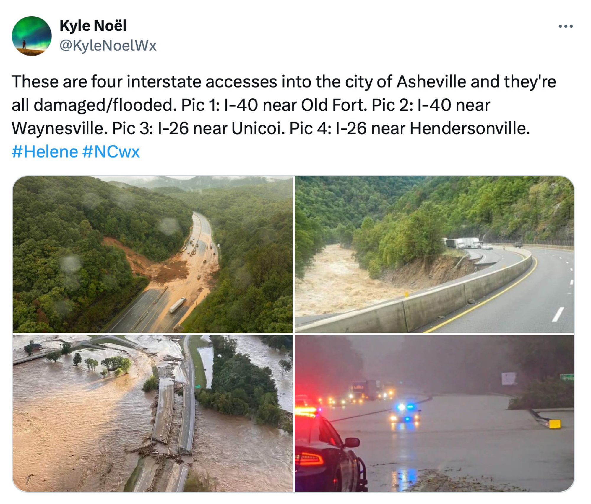 Images of the four interstates--a mudslides, two lanes fallen into the river, a destroyed bridge and a road under water