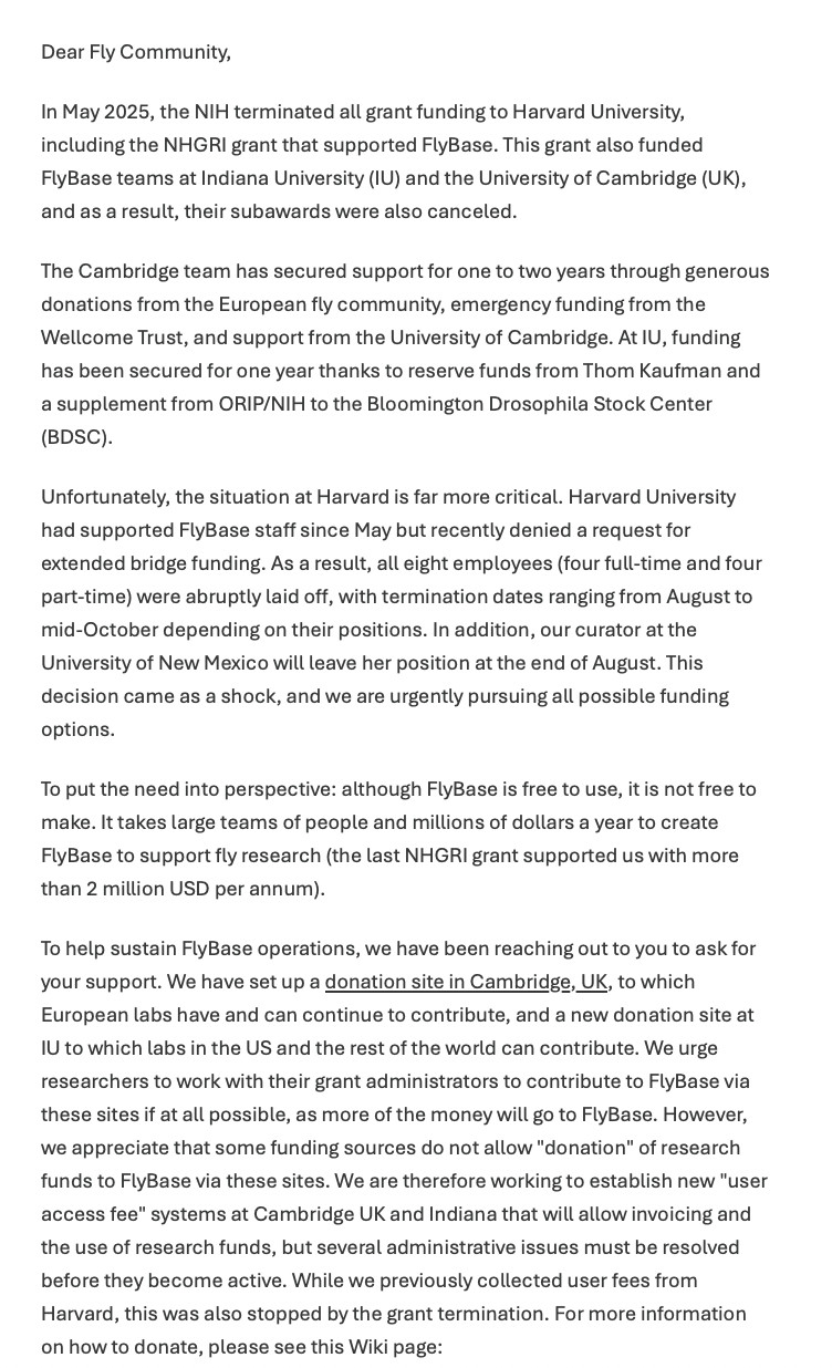 Dear Fly Community,

In May 2025, the NIH terminated all grant funding to Harvard University, including the NHGRI grant that supported FlyBase. This grant also funded FlyBase teams at Indiana University (IU) and the University of Cambridge (UK), and as a result, their subawards were also canceled.

The Cambridge team has secured support for one to two years through generous donations from the European fly community, emergency funding from the Wellcome Trust, and support from the University of Cambridge. At IU, funding has been secured for one year thanks to reserve funds from Thom Kaufman and a supplement from ORIP/NIH to the Bloomington Drosophila Stock Center (BDSC).

Unfortunately, the situation at Harvard is far more critical. Harvard University had supported FlyBase staff since May but recently denied a request for extended bridge funding. As a result, all eight employees (four full-time and four part-time) were abruptly laid off, with termination dates ranging from August to mid-October depending on their positions. In addition, our curator at the University of New Mexico will leave her position at the end of August. This decision came as a shock, and we are urgently pursuing all possible funding options.

To put the need into perspective: although FlyBase is free to use, it is not free to make. It takes large teams of people and millions of dollars a year to create FlyBase to support fly research (the last NHGRI grant supported us with more than 2 million USD per annum).

To help sustain FlyBase operations, we have been reaching out to you to ask for your support. We have set up a donation site in Cambridge, UK, to which European labs have and can continue to contribute, and a new donation site at IU to which labs in the US and the rest of the world can contribute. We urge researchers to work with their grant administrators to contribute to FlyBase via these sites if at all possible, as more of the money will go to FlyBase. However, we appreciate that some fu…