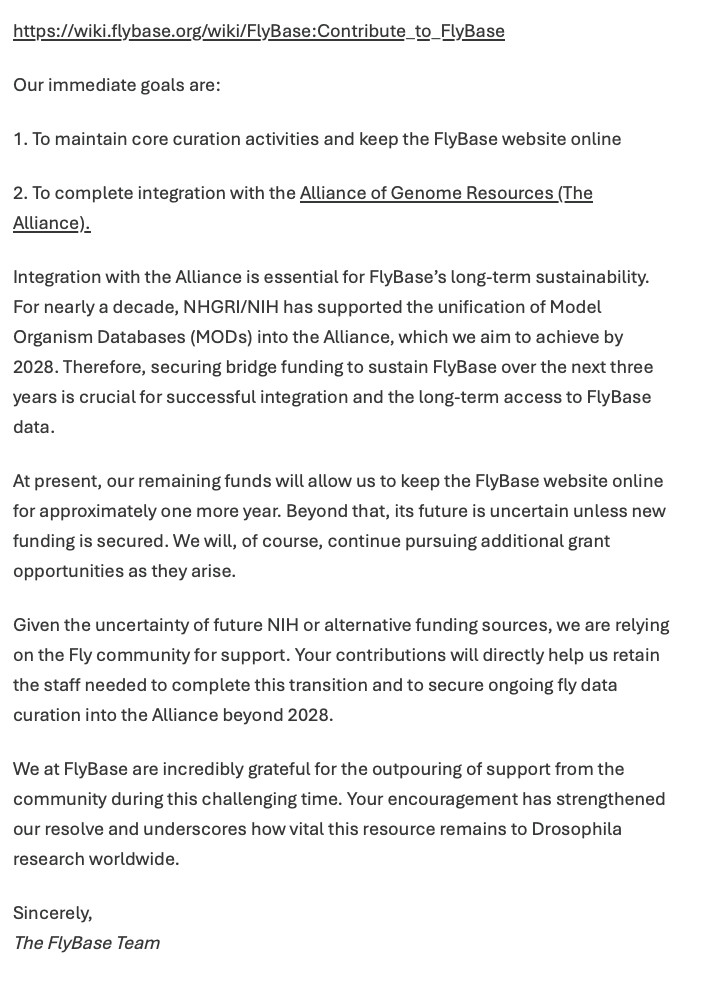 https://wiki.flybase.org/wiki/FlyBase:Contribute_to_FlyBase

Our immediate goals are:

1. To maintain core curation activities and keep the FlyBase website online

2. To complete integration with the Alliance of Genome Resources (The Alliance).

Integration with the Alliance is essential for FlyBase’s long-term sustainability. For nearly a decade, NHGRI/NIH has supported the unification of Model Organism Databases (MODs) into the Alliance, which we aim to achieve by 2028. Therefore, securing bridge funding to sustain FlyBase over the next three years is crucial for successful integration and the long-term access to FlyBase data.

At present, our remaining funds will allow us to keep the FlyBase website online for approximately one more year. Beyond that, its future is uncertain unless new funding is secured. We will, of course, continue pursuing additional grant opportunities as they arise.

Given the uncertainty of future NIH or alternative funding sources, we are relying on the Fly community for support. Your contributions will directly help us retain the staff needed to complete this transition and to secure ongoing fly data curation into the Alliance beyond 2028.

We at FlyBase are incredibly grateful for the outpouring of support from the community during this challenging time. Your encouragement has strengthened our resolve and underscores how vital this resource remains to Drosophila research worldwide.

Sincerely,
The FlyBase Team
